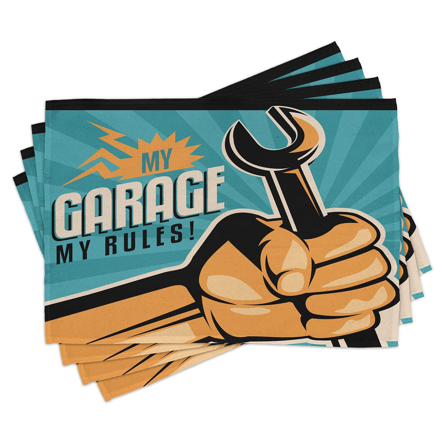 Ambesonne Retro Place Mats Set of 4 - Vintage Garage Theme with 'My Garage My Rules' Lettering & Wrench Print - Washable Fabric Table Mats for Dining Room - Standard Size Multicolor - Perfect for Man Cave, Automotive Enthusiasts & Vintage Decor Lovers