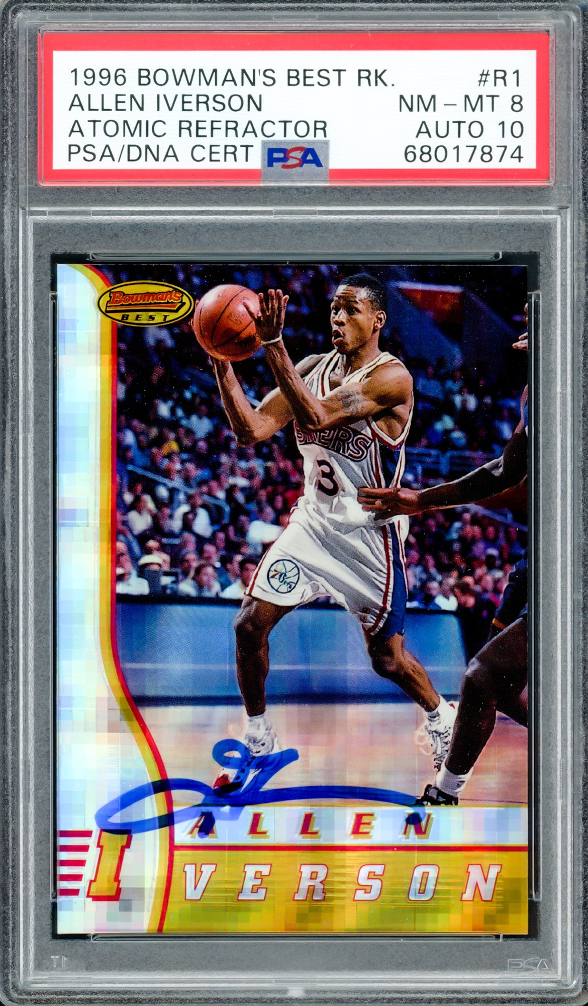 Allen Iverson Autographed 1996-97 Bowman's Best Atomic Refractor Rookie Card #R1 Philadelphia 76ers PSA 8 Auto Grade Gem Mint 10 PSA/DNA #68017874 - Perfect for NBA Memorabilia Collectors, Sports Fans & Gift for Basketball Enthusiasts