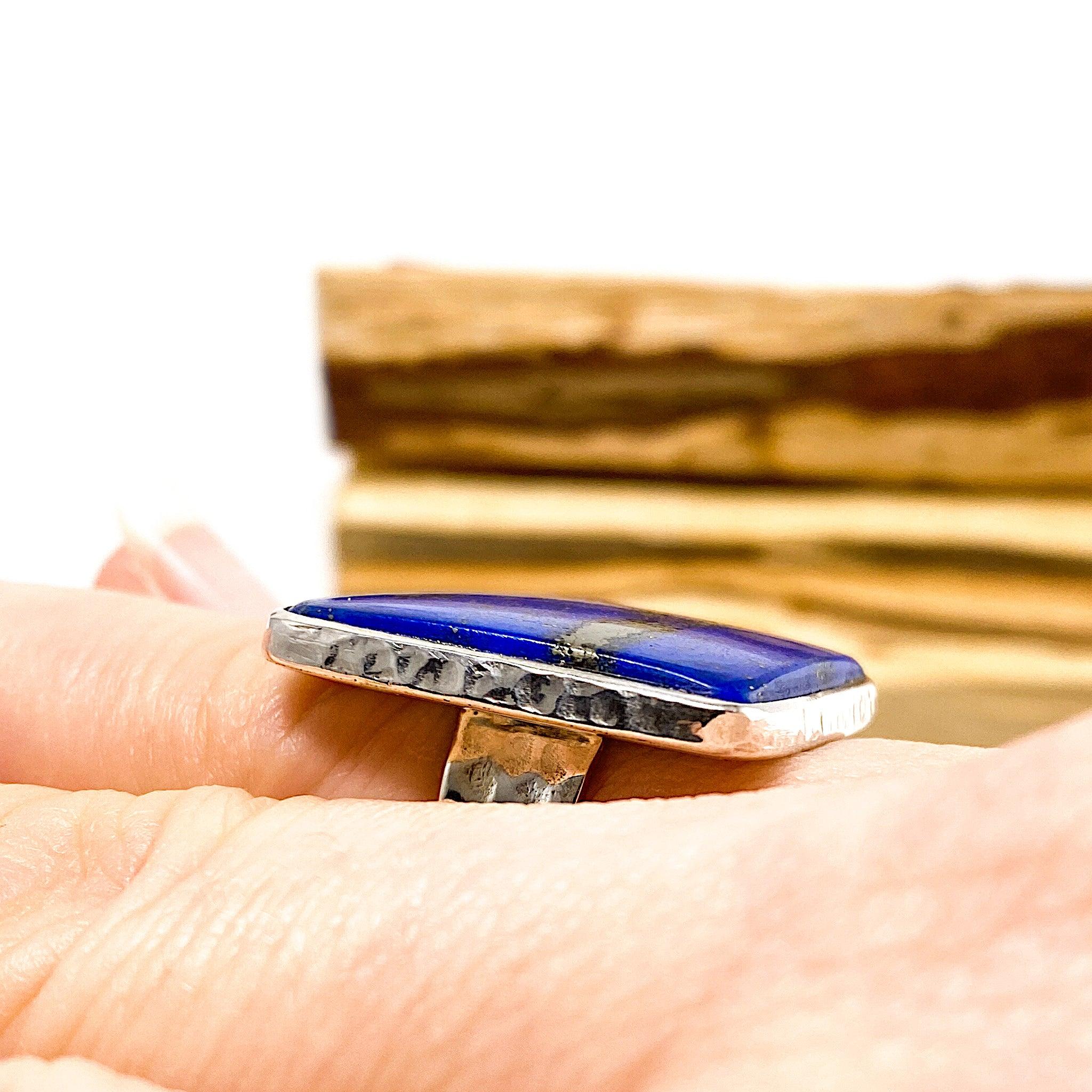 Natural Lapis Lazuli Square Cabochon Ring - Handmade Hammered Silver Band Size 8 - Chilean Gemstone Jewelry for Women | Perfect for Gift Giving, Special Occasions & Boho Fashion