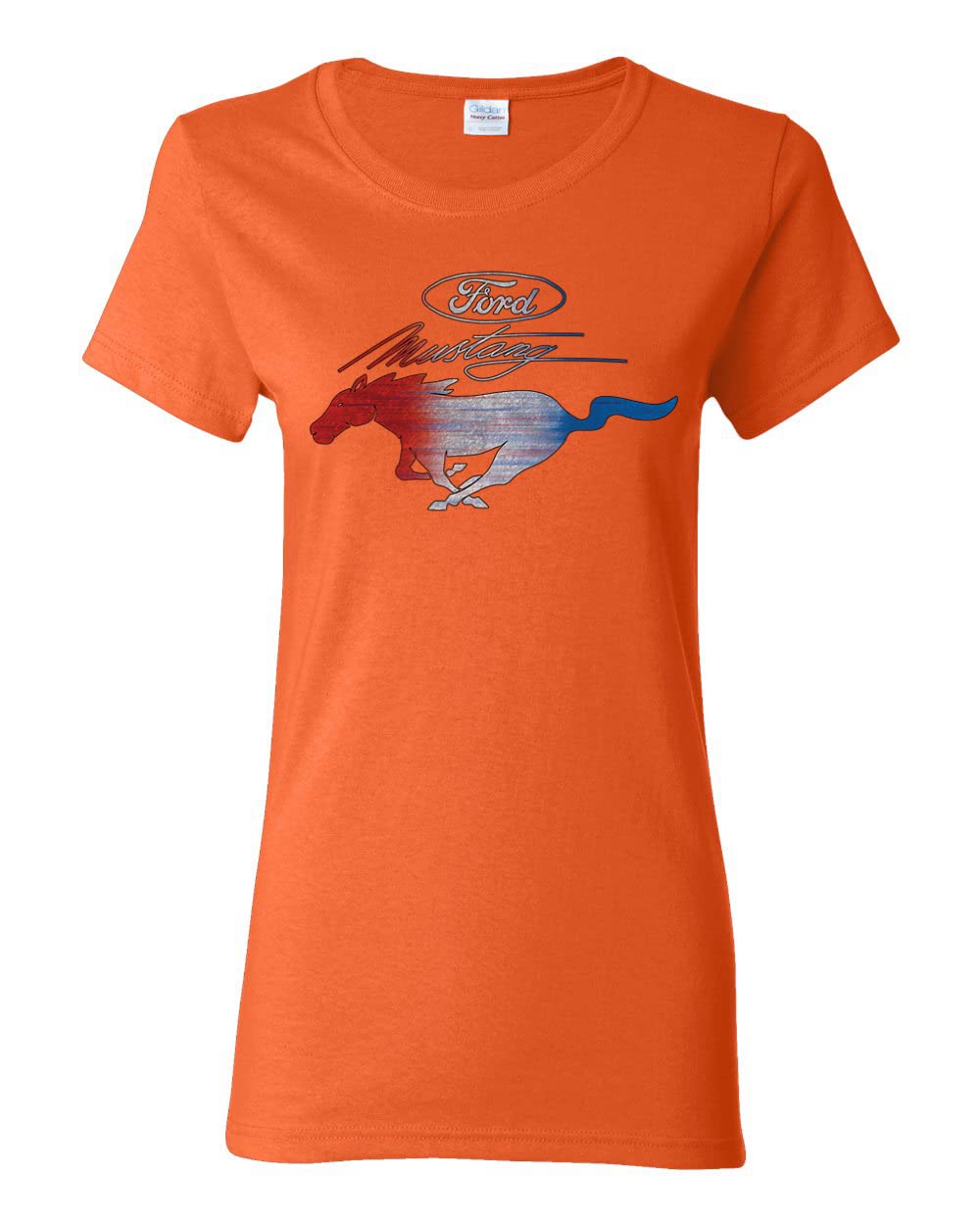 Ford Mustang Graphic T-Shirt for Women - USA Flag & Mustang Emblem Design - Perfect for Car Enthusiasts, Road Trips, and Casual Wear