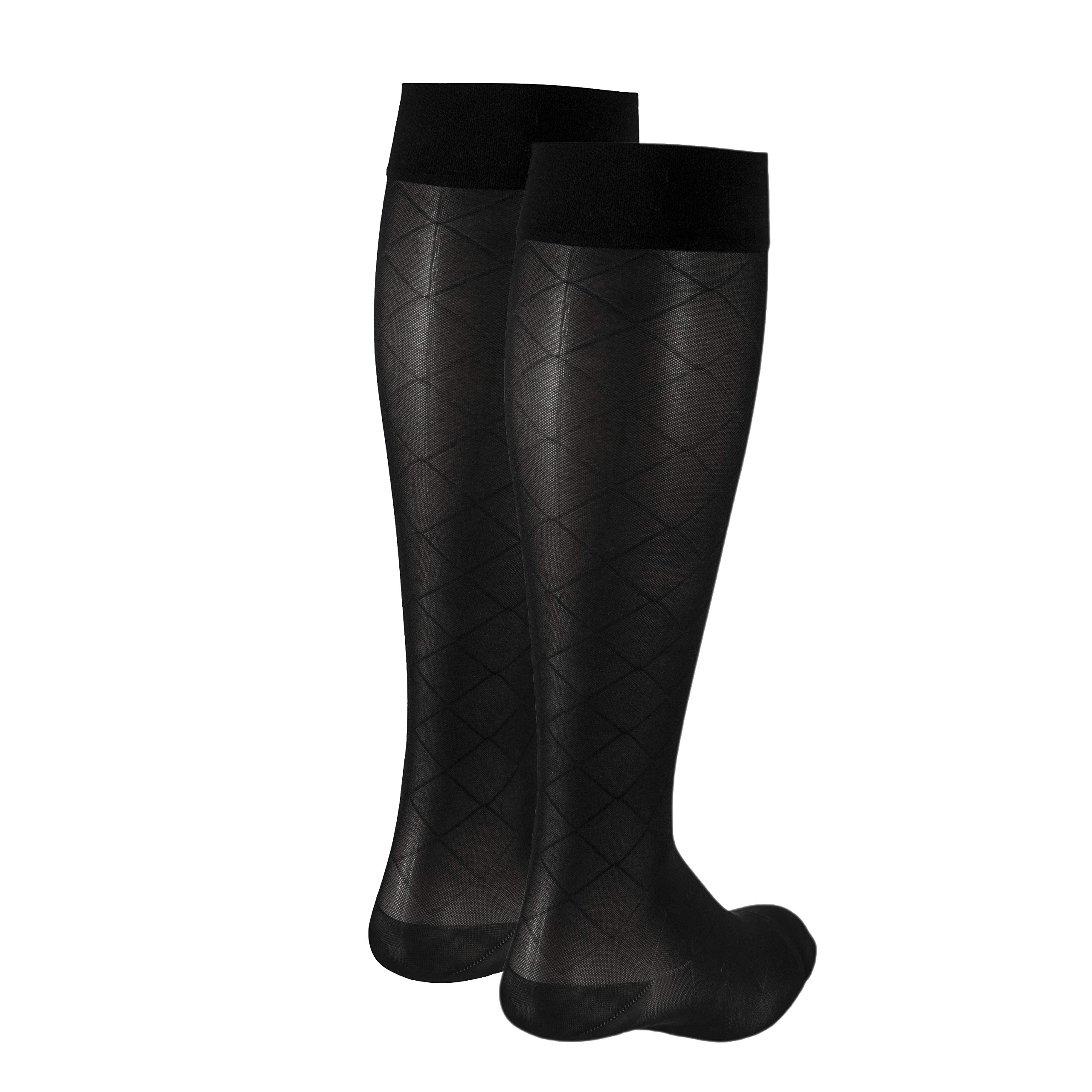 Truform Sheer Compression Stockings 15-20 mmHg for Women - Knee High Support Socks with Diamond Pattern in Black (Large) - Perfect for Travel, Work & Varicose Vein Relief