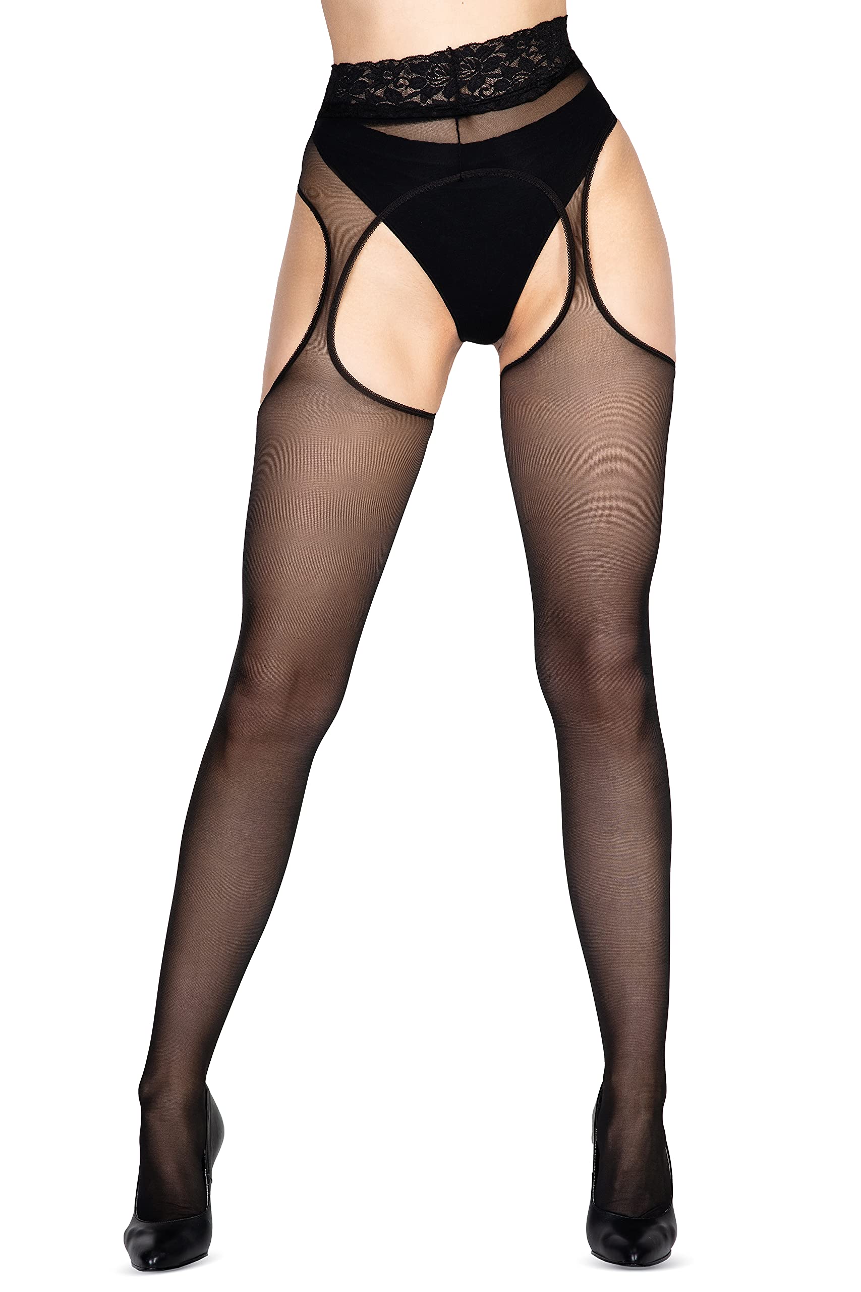 Black Suspender Tights 20 DEN Sexy Garter Belt - High Waist Hosiery for Date Night
