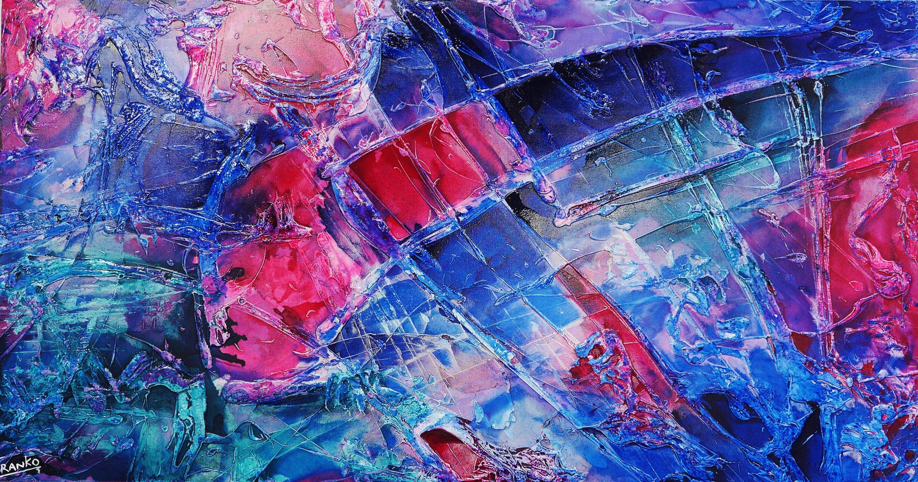 Infused Ink Romance - 190cm x 100cm Blue Pink Purple Abstract Canvas Art Painting - Modern Home Decor for Living Room, Bedroom & Office Wall
