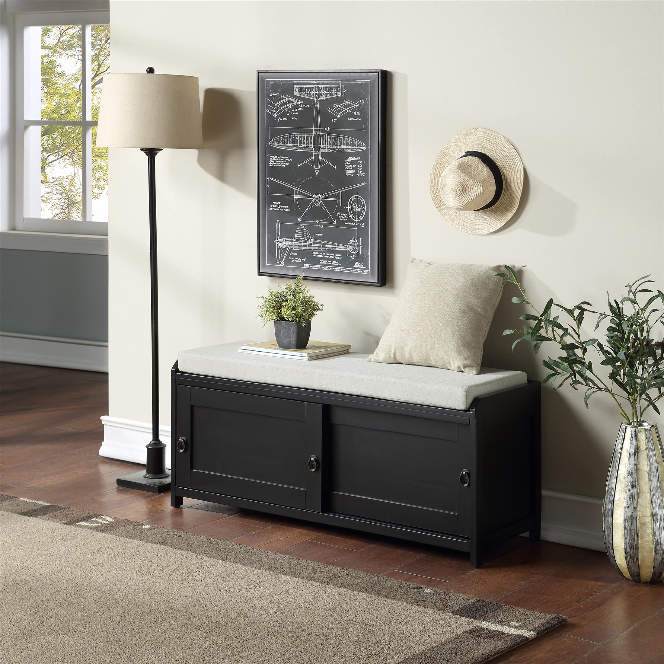 Rustic Entryway Storage Bench with 2 Cabinets & Removable Cushion - Shoe Bench for Living Room, Hallway, Foyer - Perfect for Organizing Shoes, Hats & Home Decor (Black)