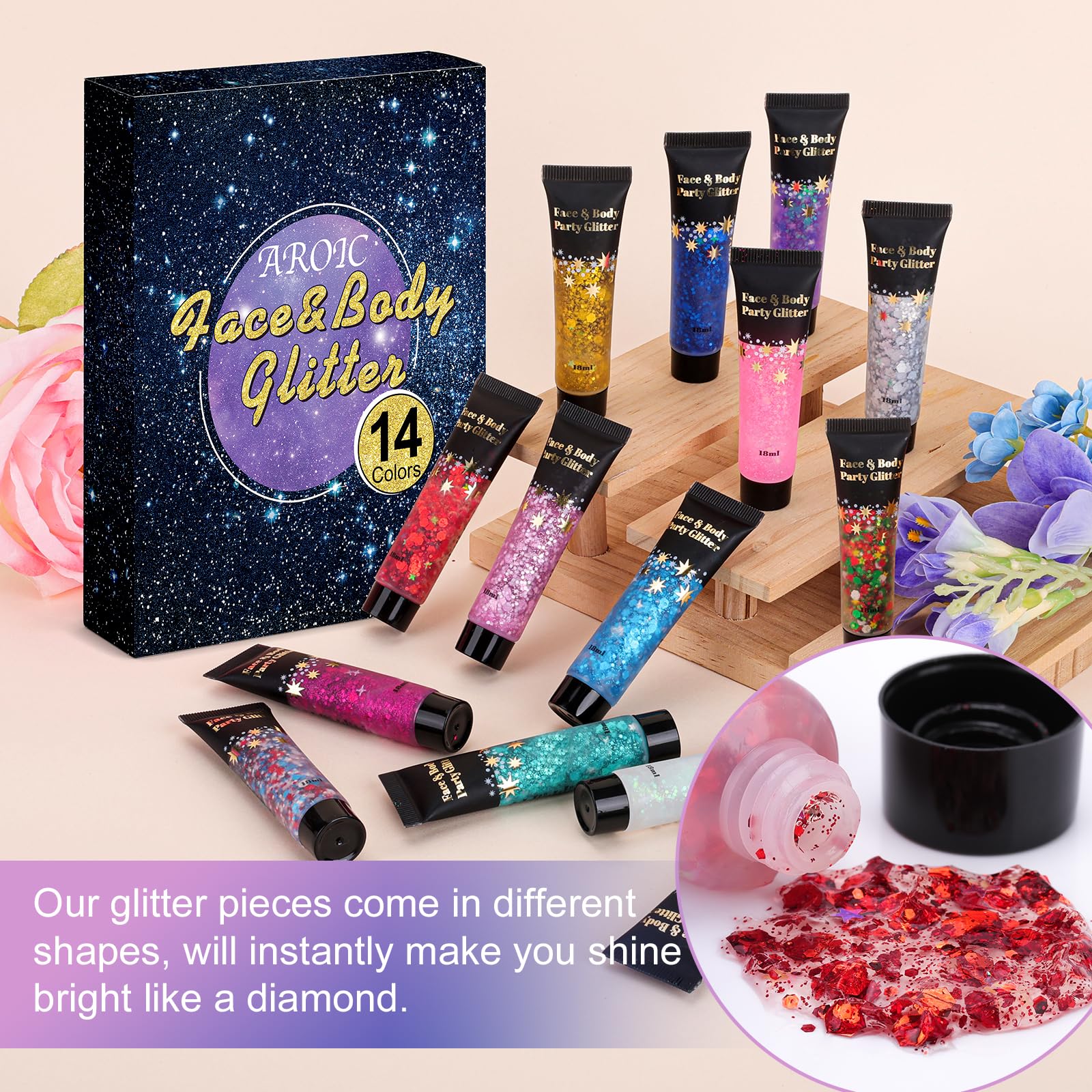 14 Colors Body & Face Glitter Gel - Shimmer Makeup for Valentine’s Day, Parties & Festivals | Hair, Eyeshadow & Daylight Glitter | Perfect for Cosplay, Raves & Special Occasions