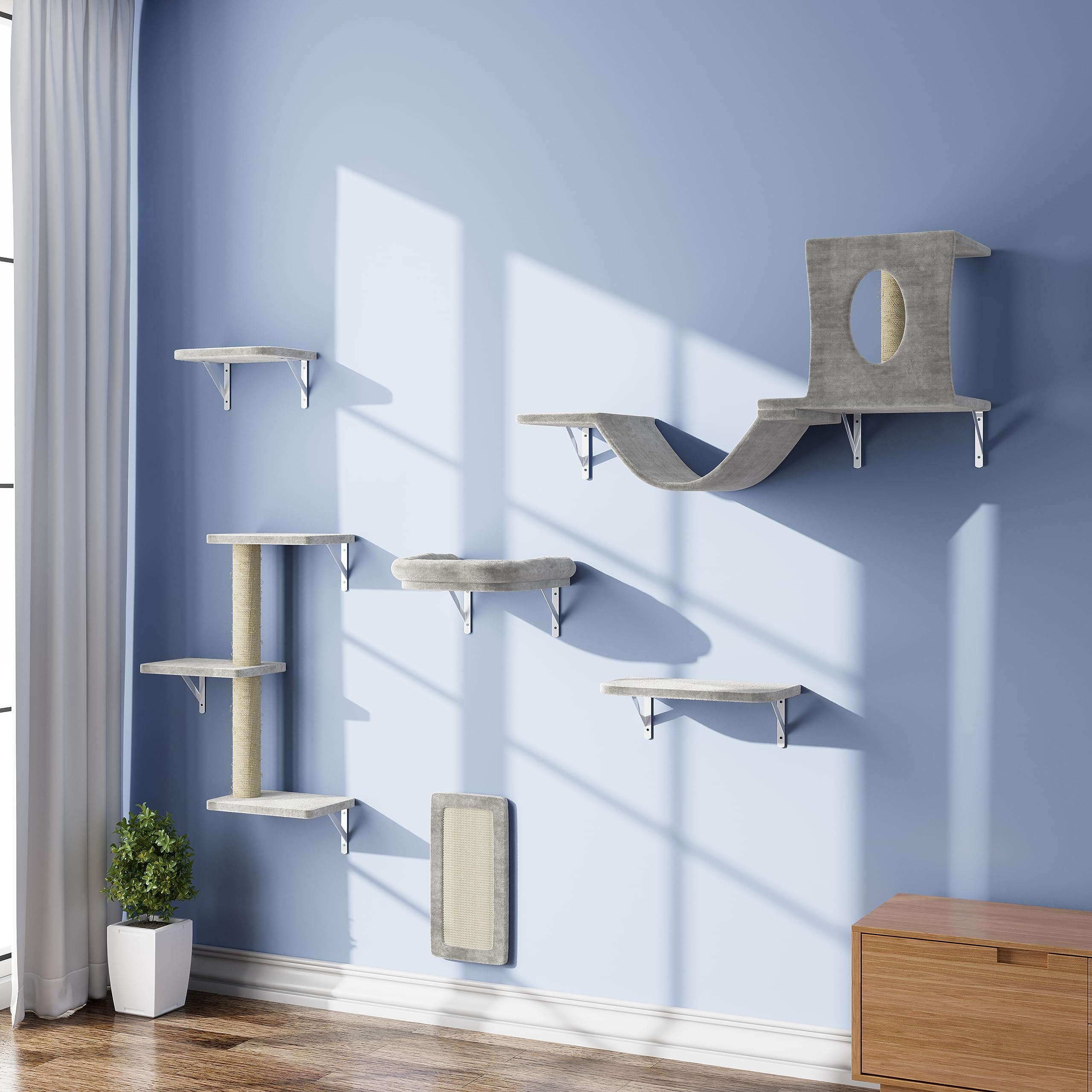 NUNU LAB 6-Piece Wall Mounted Cat Furniture Set - Cat Climber with House, Bridge, Tree, Steps & Scratcher, DIY Cat Wall Playground, Grey Indoor Cat Shelves for Active Cats - Perfect for Small Spaces & Cat Enrichment