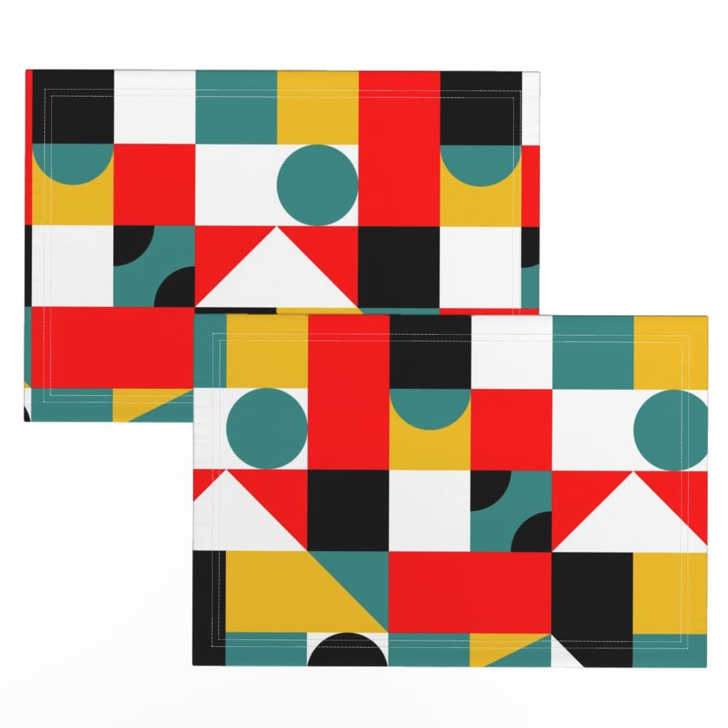 Bauhaus Geometric Print Linen Cotton Canvas Placemats Set of 2 - Modern Circle Triangle Design Table Mats for Dining, Kitchen Decor & Holiday Table Setting