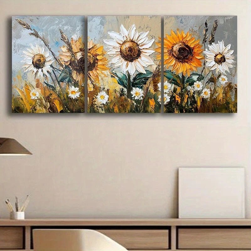 3-Piece Abstract Sunflower Yellow & White Metal Wall Art - Ready to Hang Modern Home Decor for Living Room, Bedroom & Office