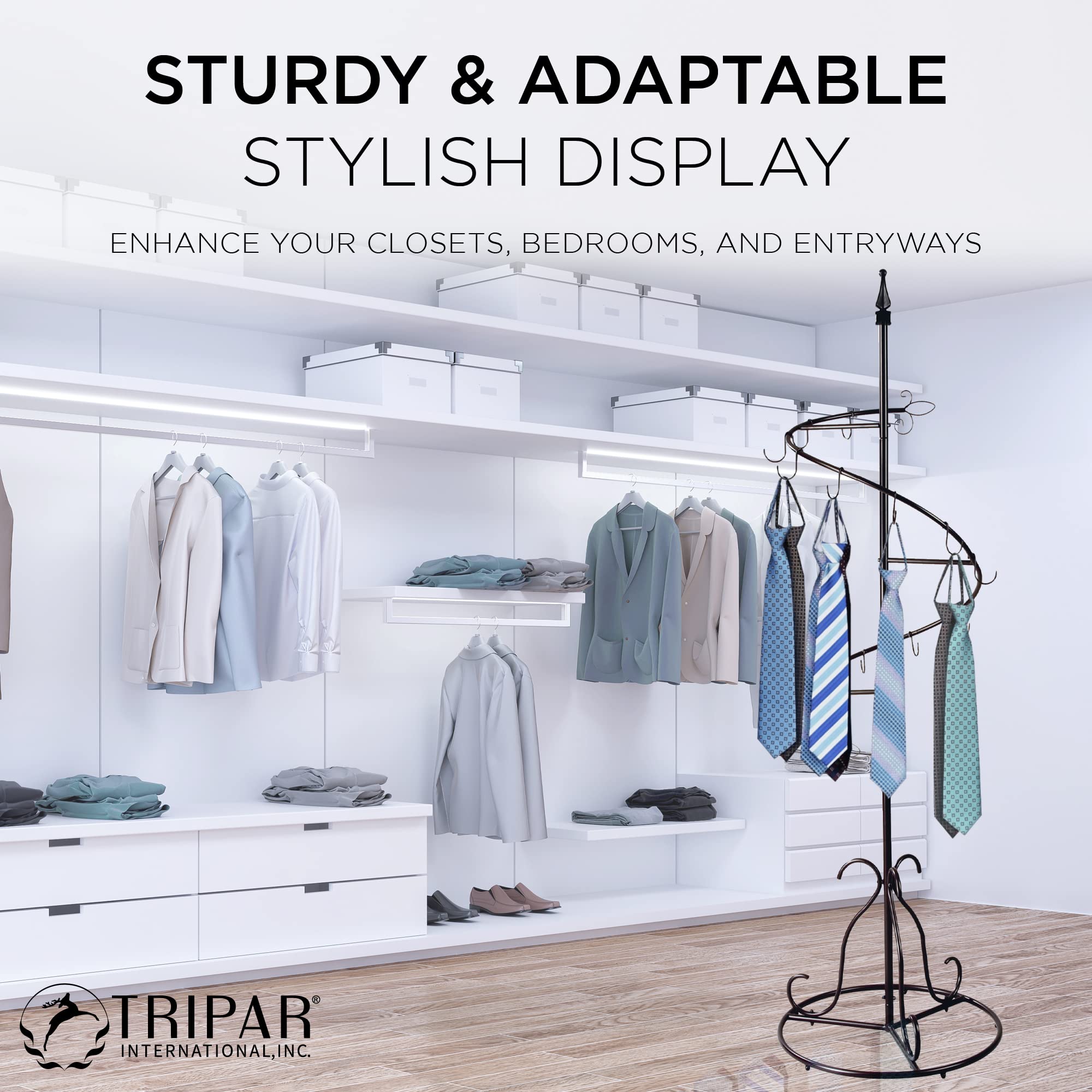 TRIPAR 74-Inch Brown Metal Jewelry Organizer Stand with 15 Hooks - Spiral Purse Tree, Coat & Handbag Hanger for Bedroom, Closet & Boutique Display