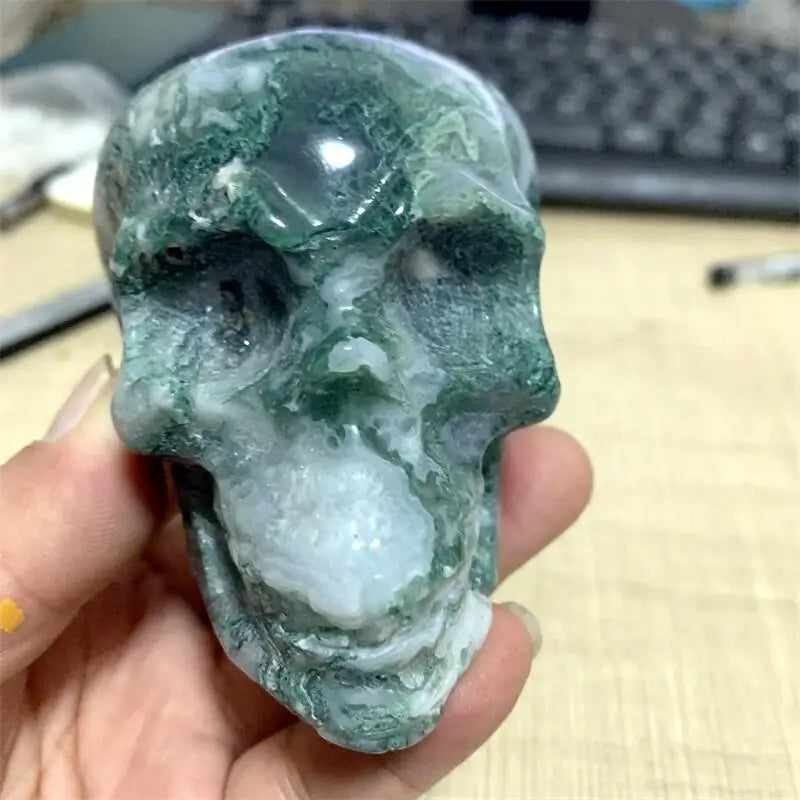 Natural Moss Agate Skull Carving - Healing Crystal Gemstone Sculpture for Home Decor, Meditation & Spiritual Healing (1PC) | Perfect for Yoga Spaces, Altars & Gift Giving
