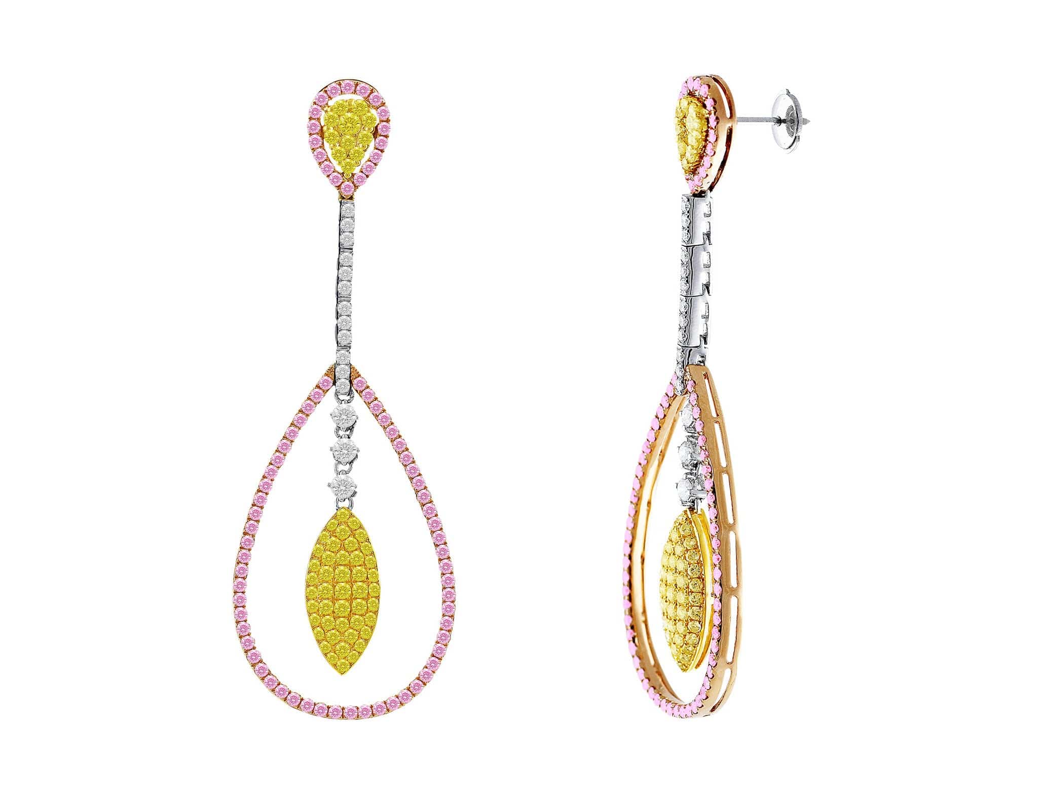 18K Gold Pink, Yellow & White Diamond Pear Drop Earrings for Women - Elegant Dangle Earrings for Weddings, Parties & Special Occasions
