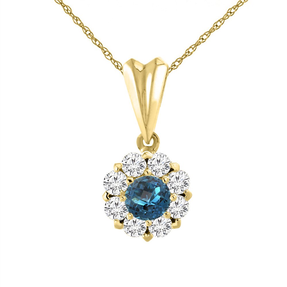 14K Yellow Gold Natural London Blue Topaz Necklace with Diamond Halo - 6mm Round Gemstone Jewelry for Women, Elegant Gift for Anniversary, Birthday & Special Occasions
