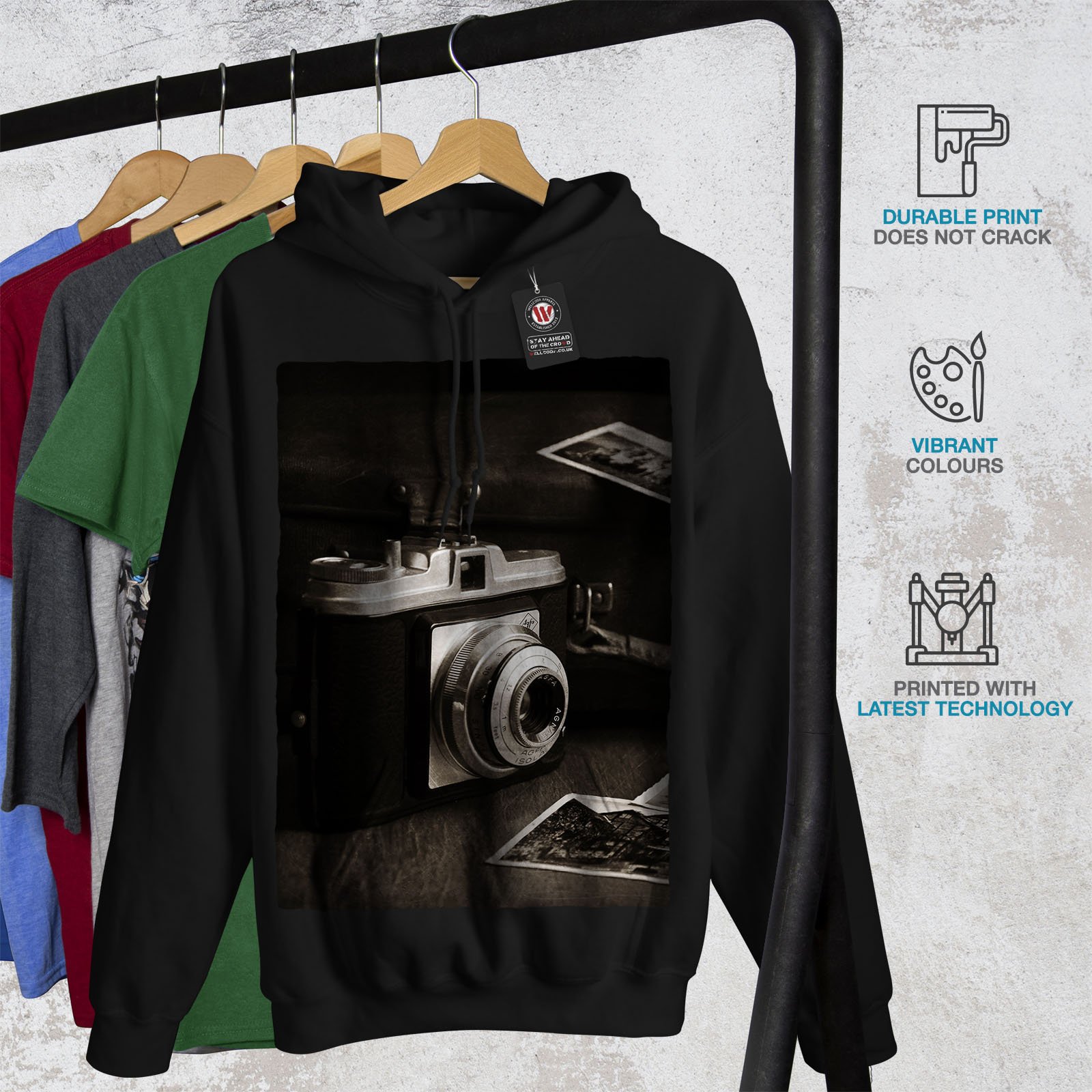 Wellcoda Vintage Old Photo Camera Print Men's Hoodie - Retro Style Hooded Sweatshirt for Photography Enthusiasts | Perfect for Casual Wear, Street Style & Photography Events