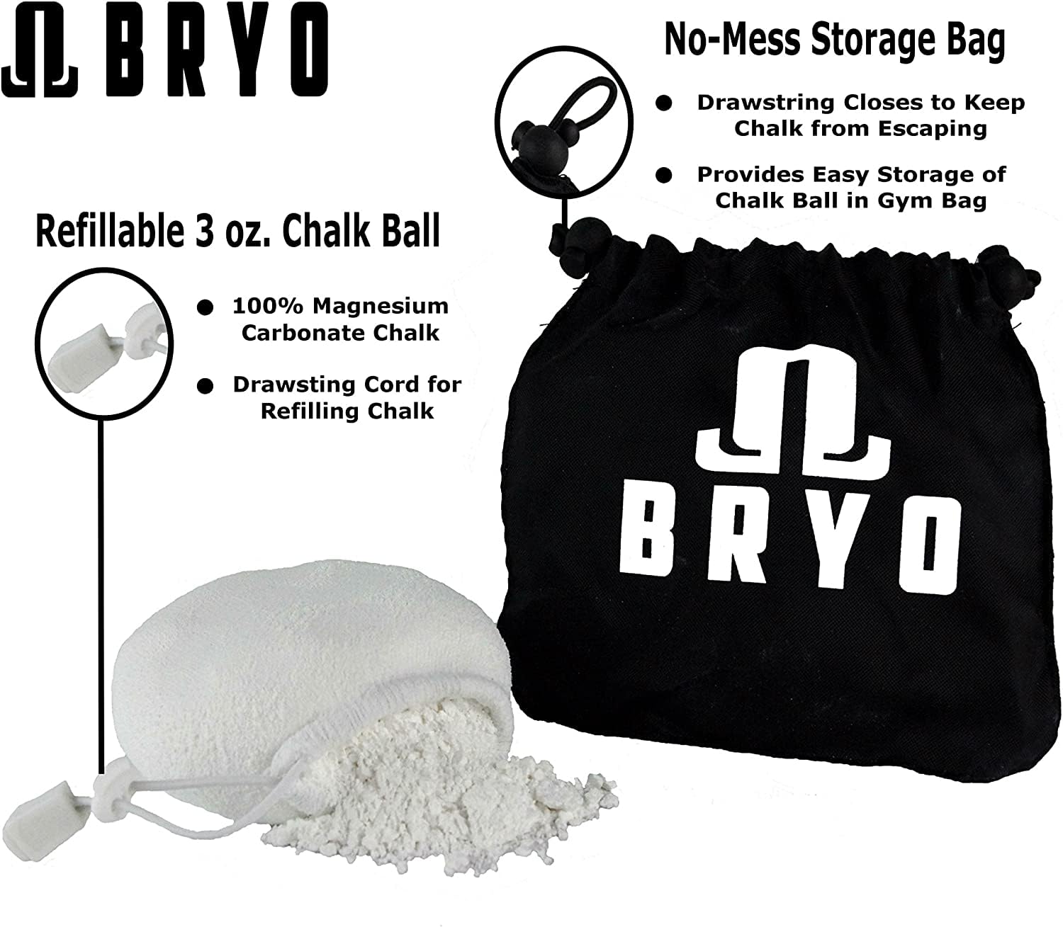 Premium 3 oz Chalk Ball with Storage Bag - Refillable Mess-Free Gym Chalk for Rock Climbing, Weightlifting, Gymnastics & Crossfit - Natural Drying Formula for Better Grip - Ideal for Sports, Workouts & Home Training