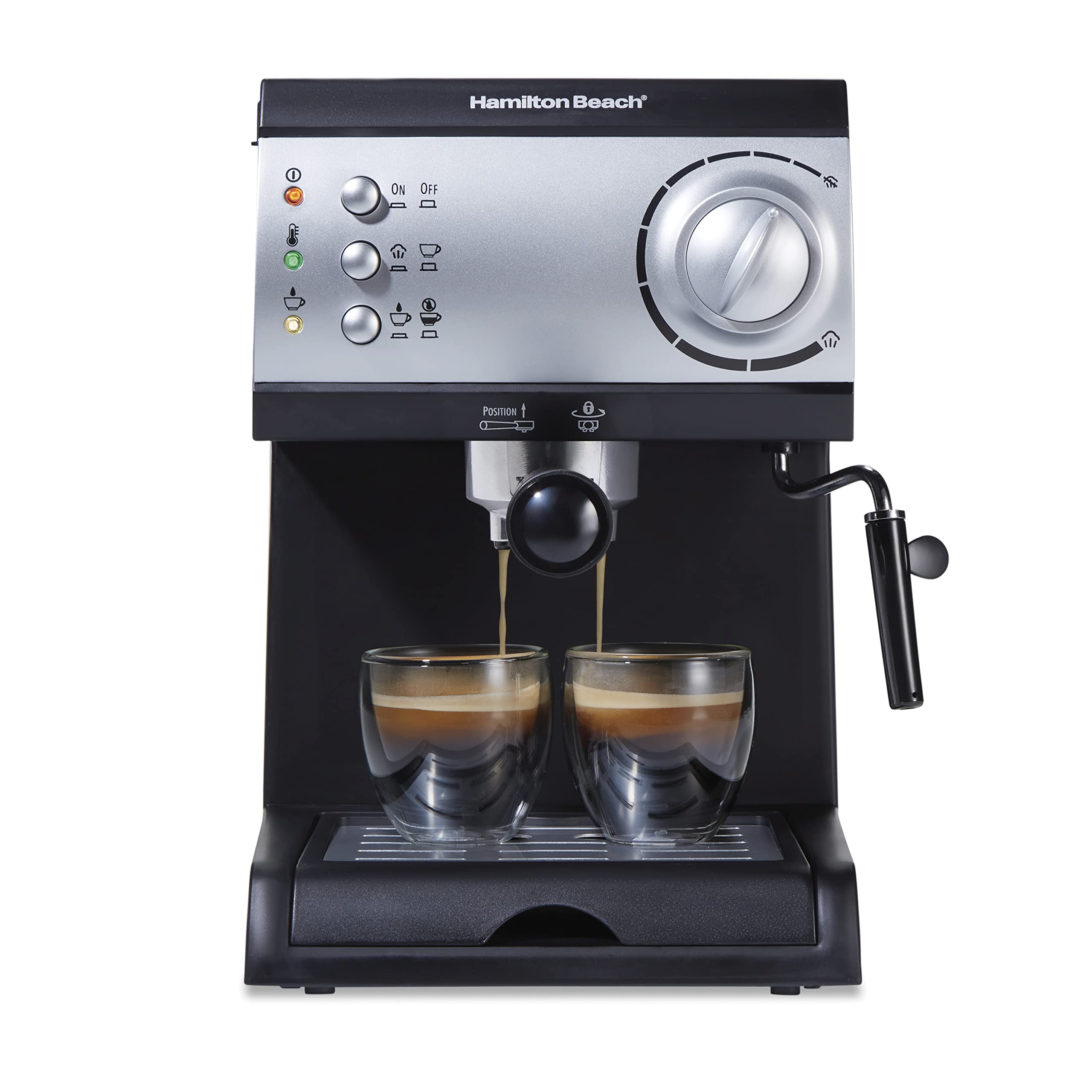 Hamilton Beach 15 Bar Espresso Machine with Milk Frother - Professional Cappuccino, Latte & Mocha Maker for Home & Office - Brews 2 Cups Simultaneously, Compatible with Coffee Pods & Grounds, 50oz Water Tank (Black) - Perfect for Morning Coffee, Entertaining Guests & Small Cafes