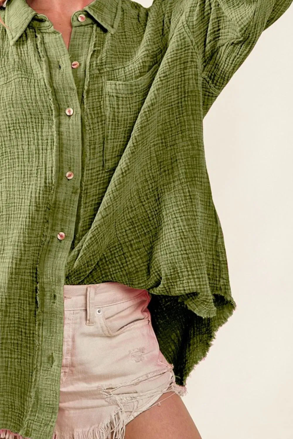 BiBi Raw Edge Detailed Mineral Washed Loose Fit Shirt for Women | Vintage Distressed Casual Top | Perfect for Streetwear, Layering & Boho Outfits