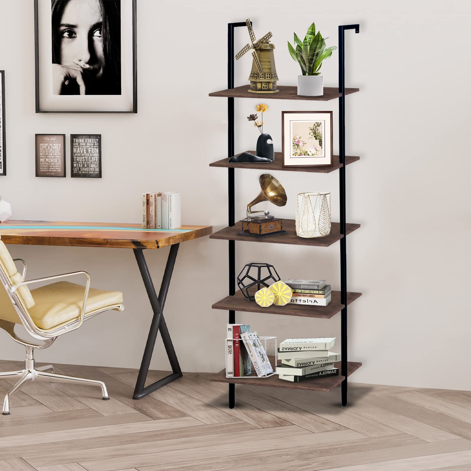 5-Tier Ladder Shelf Set of 2 - Modern Tall Bookshelf for Home & Office - Open Wall Mount Storage Bookcase - Industrial Style Standing Leaning Shelves - Perfect for Living Room, Bedroom & Office Organization (Brown)