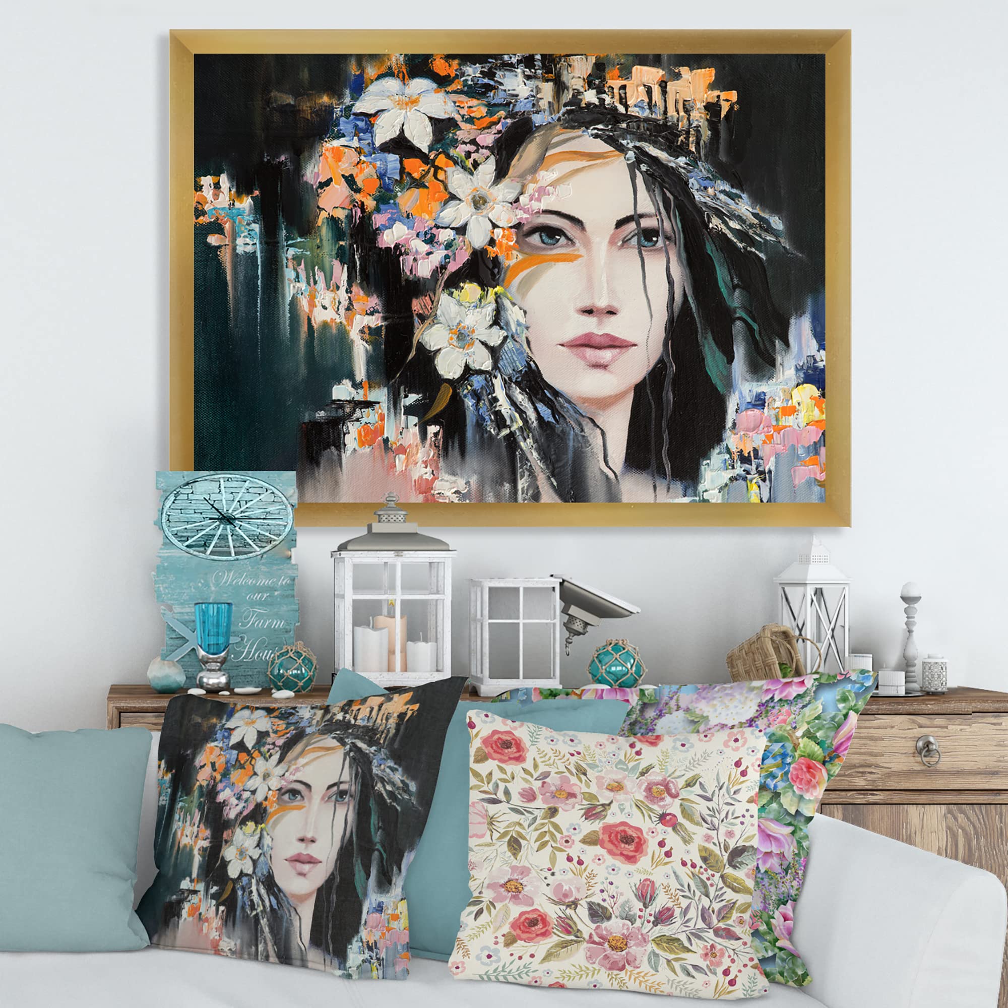 Modern Framed Wall Art - Portrait of a Young Lady with Flowers | Elegant Home Decor for Living Room, Bedroom & Office