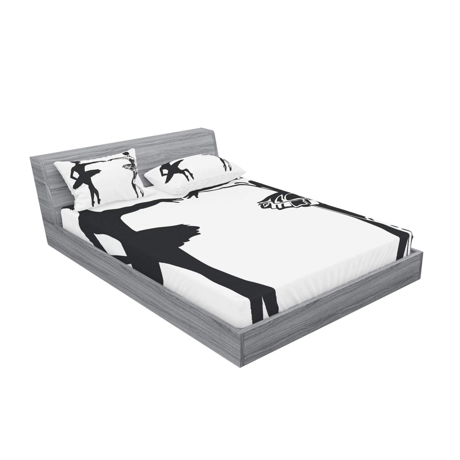 Ambesonne Ballet 3-Piece Bedding Set - Queen Size Fitted Sheet & Pillow Shams with Elegant Ballerina Silhouette Print in Black & White | Perfect for Dance Enthusiasts, Themed Bedrooms & Performance Art Decor