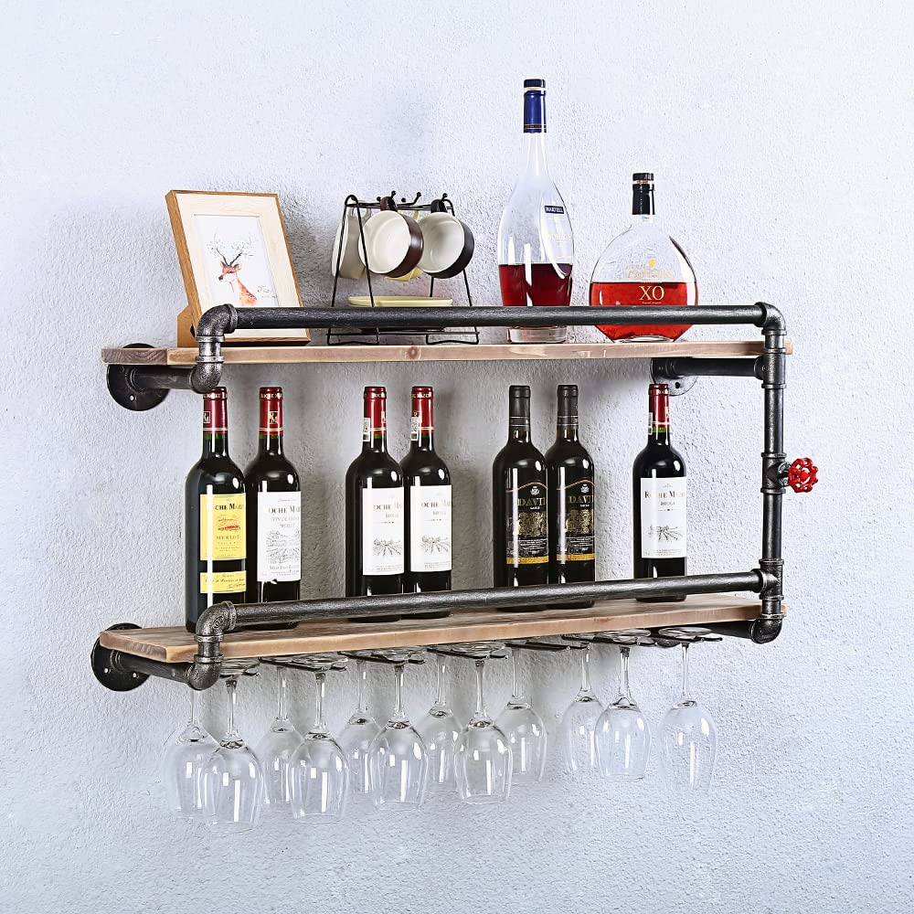 Rustic Industrial Pipe Wine Glass Rack - Wall Mounted 2-Tier Shelf with 7 Stem Holder (36 Inch) - Perfect for Kitchen, Bar, Dining Room & Wine Cellar Organization