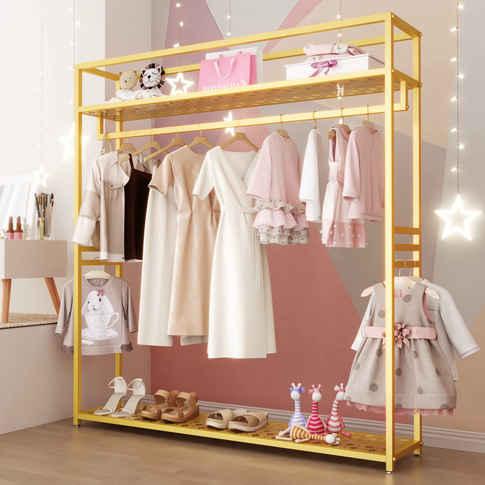 TIEOU Heavy Duty Industrial Clothing Rack with Shelves - Gold Modern Wardrobe Hanger for Closet Organization | Perfect for Bedroom, Laundry Room & Retail Store Display