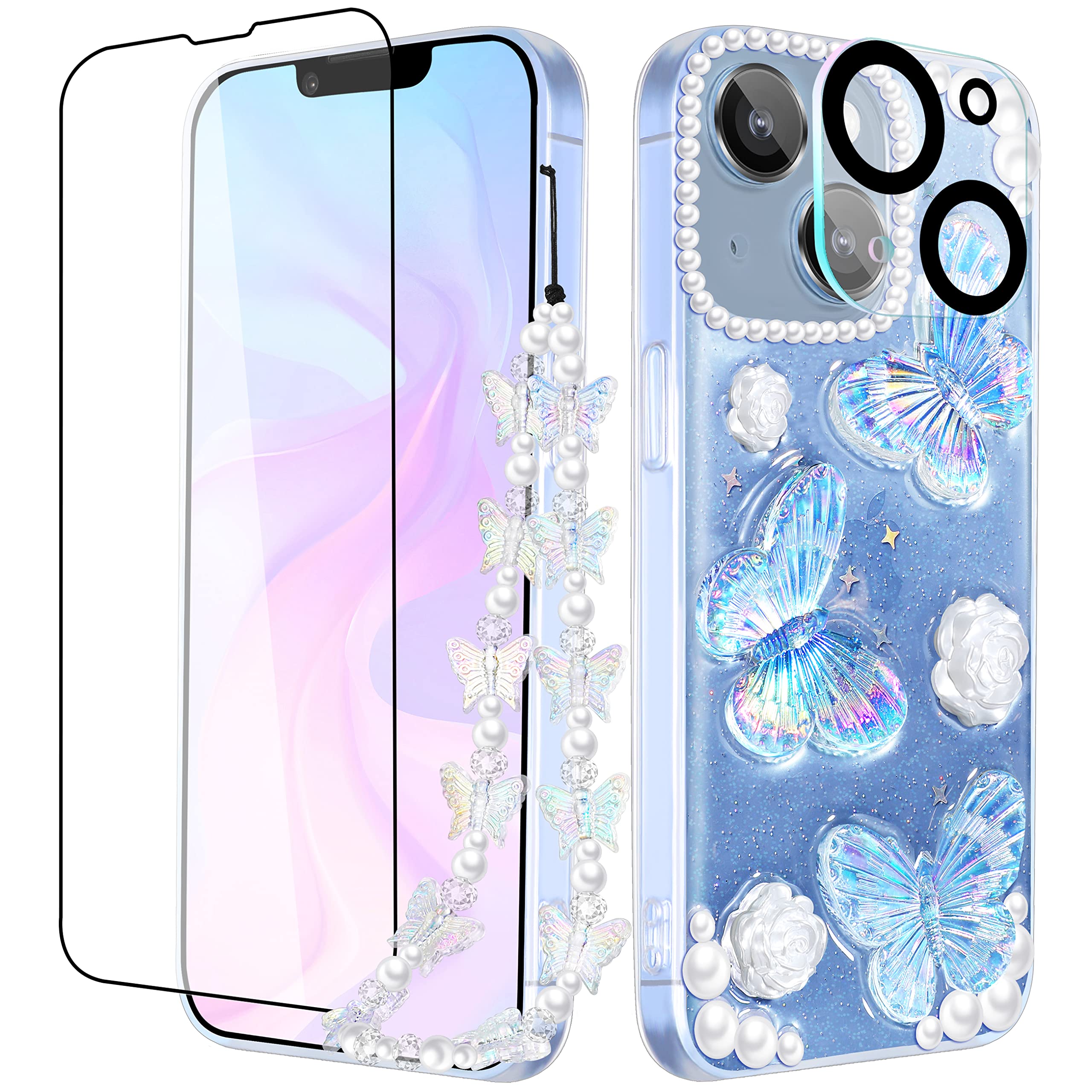 Goocrux 4-in-1 iPhone 13 Mini Case for Women - Glitter Butterfly Sequin Sparkle Clear Crystal Phone Cover with Chain, Camera Protector & Screen Protector | Cute Girly Design for Girls & Teens | Perfect for Parties, Daily Use & Gift Giving