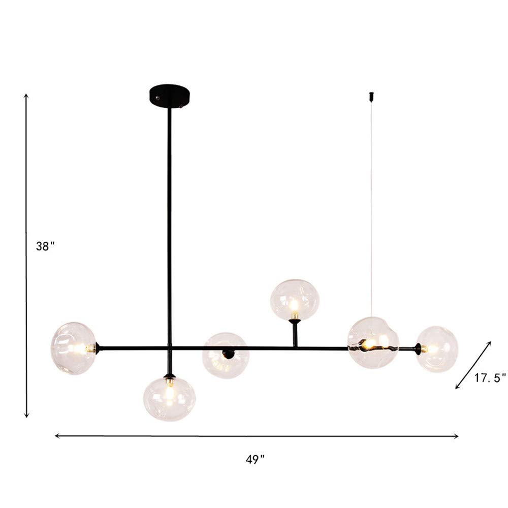 RUNNUP 6-Light Modern Glass Globe Chandelier - Black Finish Pendant Lighting for Living Room, Bedroom, Dining Room, Office & Kitchen | Elegant Island Light Fixture with Transparent Bean Shades for Home Decor