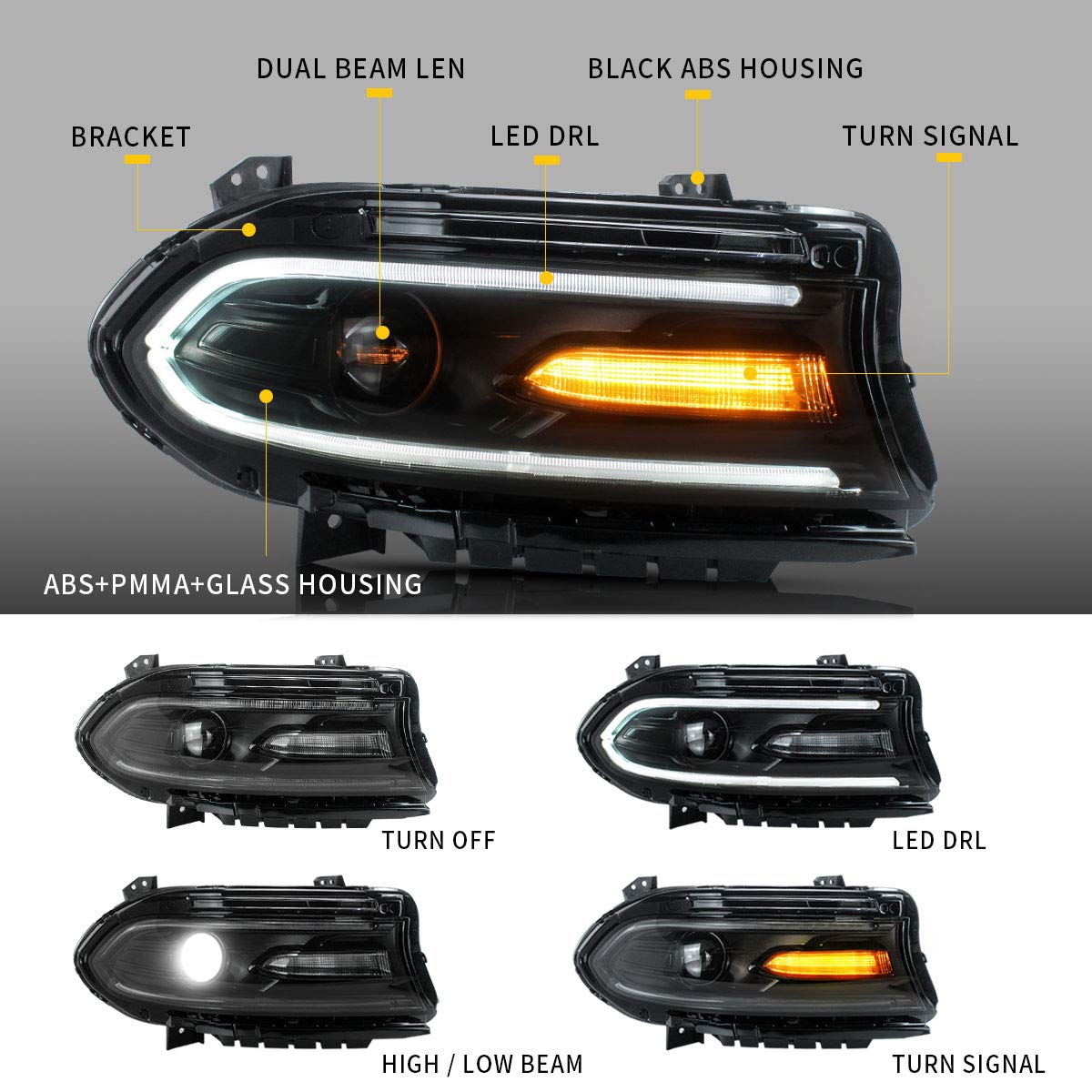 YUANZHENG LED Projector Headlights Assembly for Dodge Charger 2015-2019 - Dual Beam Lens with DRL - YAA-CHR-2033 - Upgrade Your Night Driving Safety & Style