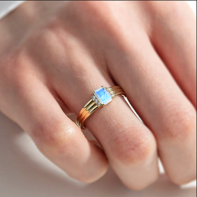 Stunning White Rainbow Moonstone Octagon Ring - Unique Handcrafted Jewelry for Women - Perfect for Weddings, Anniversaries & Special Occasions