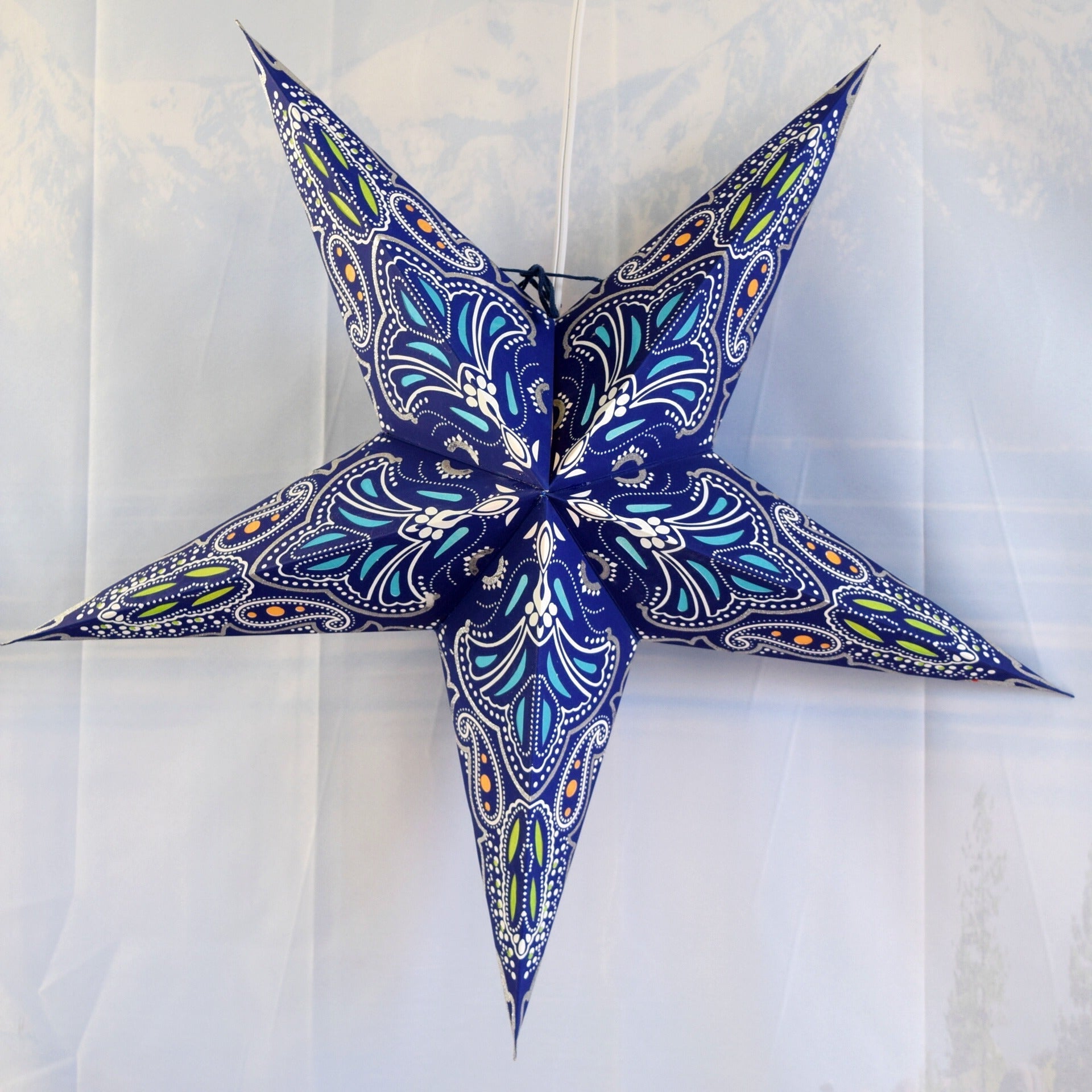 3 Pack 24 Inch Blue Aura Glow Glitter Paper Star Lanterns with Triple Pendant Lights - Perfect for Wedding Decor, Party Lighting & Boho Home Decor