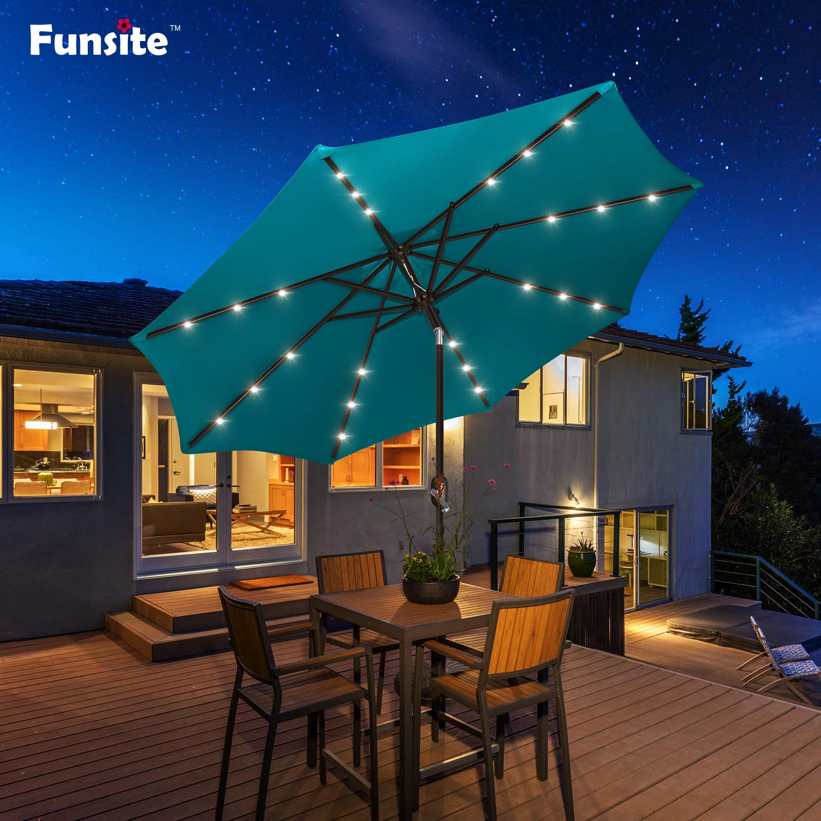9ft Solar LED Patio Umbrella with 24 Lights & Push Button Tilt Crank - Waterproof Outdoor Umbrella for Garden, Deck, Backyard, Pool - Perfect for Summer BBQs, Beach Parties & Outdoor Dining (Teal Green)
