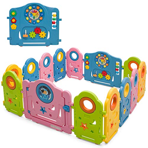 Costzon 14-Panel Baby Playpen - Thickened Portable Play Yard for Indoor & Outdoor Use, Colorful Rocket Design with Game Panel, Safety Lock & Non-Slip Bases, Adjustable Shape - Perfect for Playtime, Nursery, or Travel (Rocket 14-Panel)