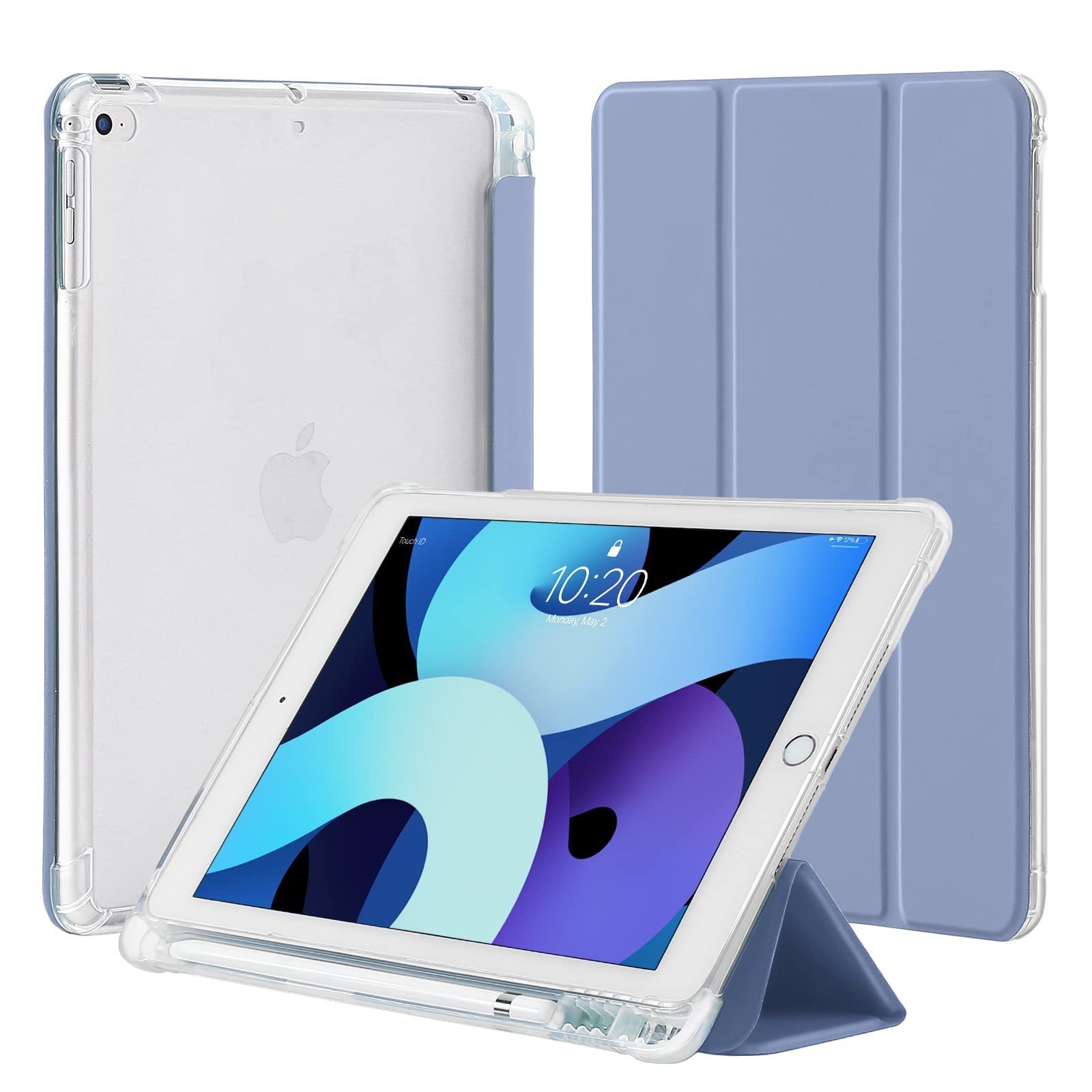 4UBonLife iPad 9.7 Inch Case for 6th/5th Generation (2018/2017) & iPad Air 1 (2013)/Air 2 (2014) - Slim Lightweight Soft TPU Cover with Pencil Holder, Translucent Back & Matte Finish - Lavender Gray - Perfect for School, Office & Travel Protection
