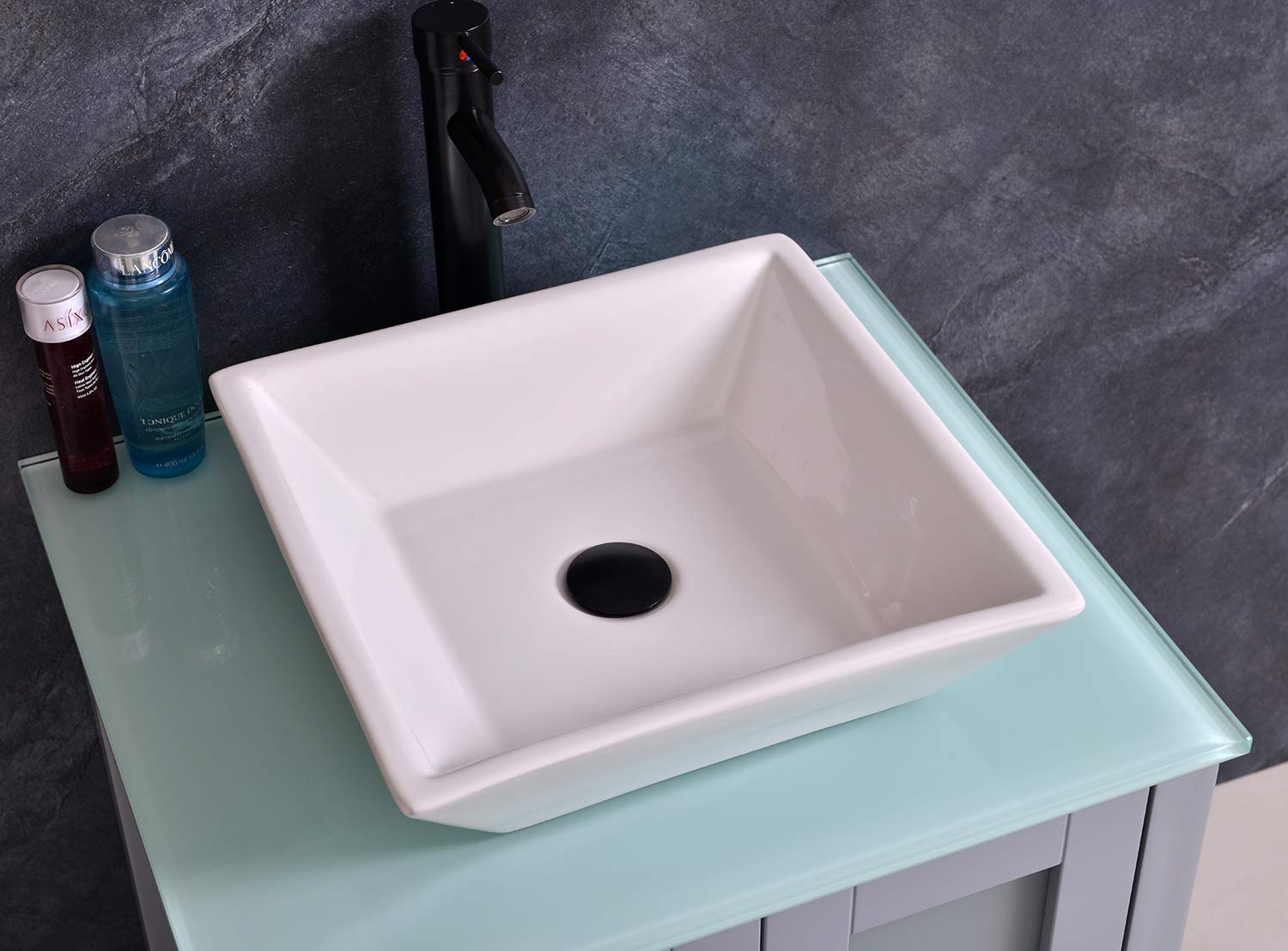 24 Inch Wooden Floor-Standing Bathroom Vanity with Ceramic Vessel Sink, Mirror, Faucet & Drain Included - Modern Grey Bathroom Set for Master Bath, Guest Bath & Powder Room Renovations