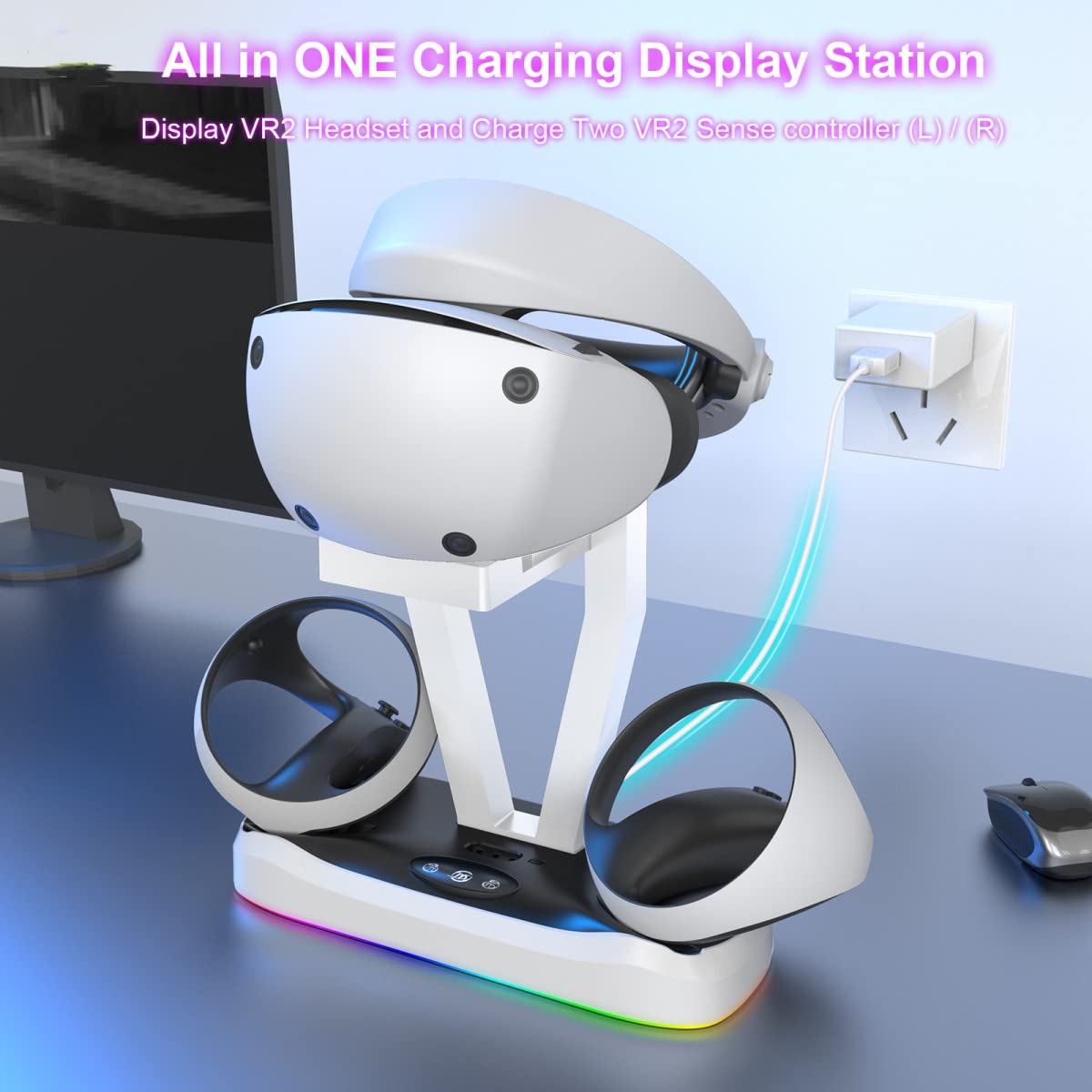 EMEBAY RGB Light Charging Station & Stand for PS VR2 - Dual Controller & Headset Charger with LED Indicators - Compatible with Play*Station PS VR2 - Perfect for Gaming Setup & VR Accessories Organization