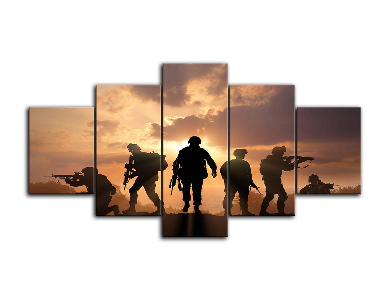 5-Panel Military Soldier Silhouette Canvas Wall Art - Framed Army Troops Print for Modern Home & Office Decor | Ready to Hang | Patriotic Living Room & Man Cave Wall Decor