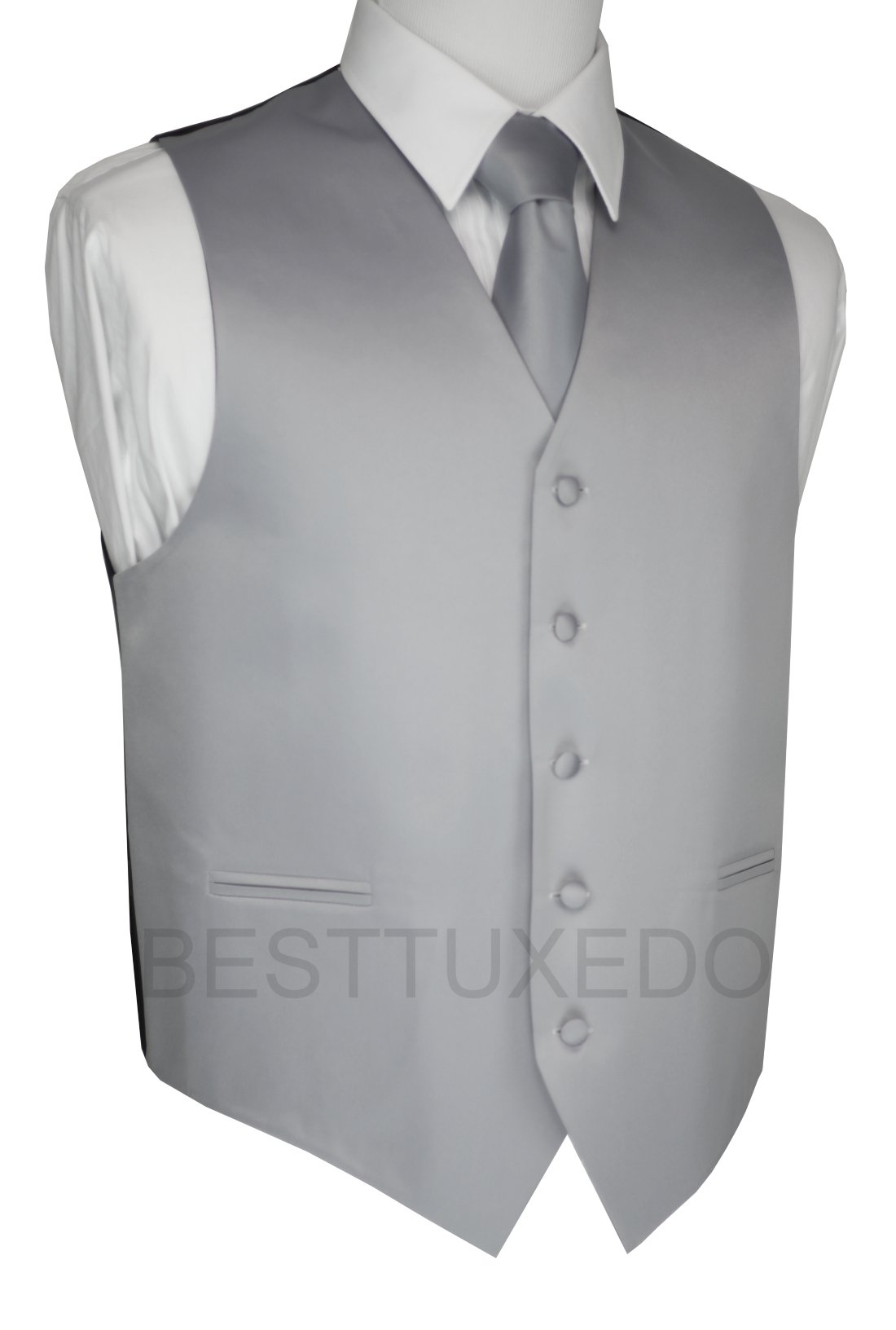 7-Piece Men's Tuxedo Suit with Flat Front Pants, Silver Vest & Tie | Formal Wedding Attire, Prom Outfit & Black Tie Event Wear