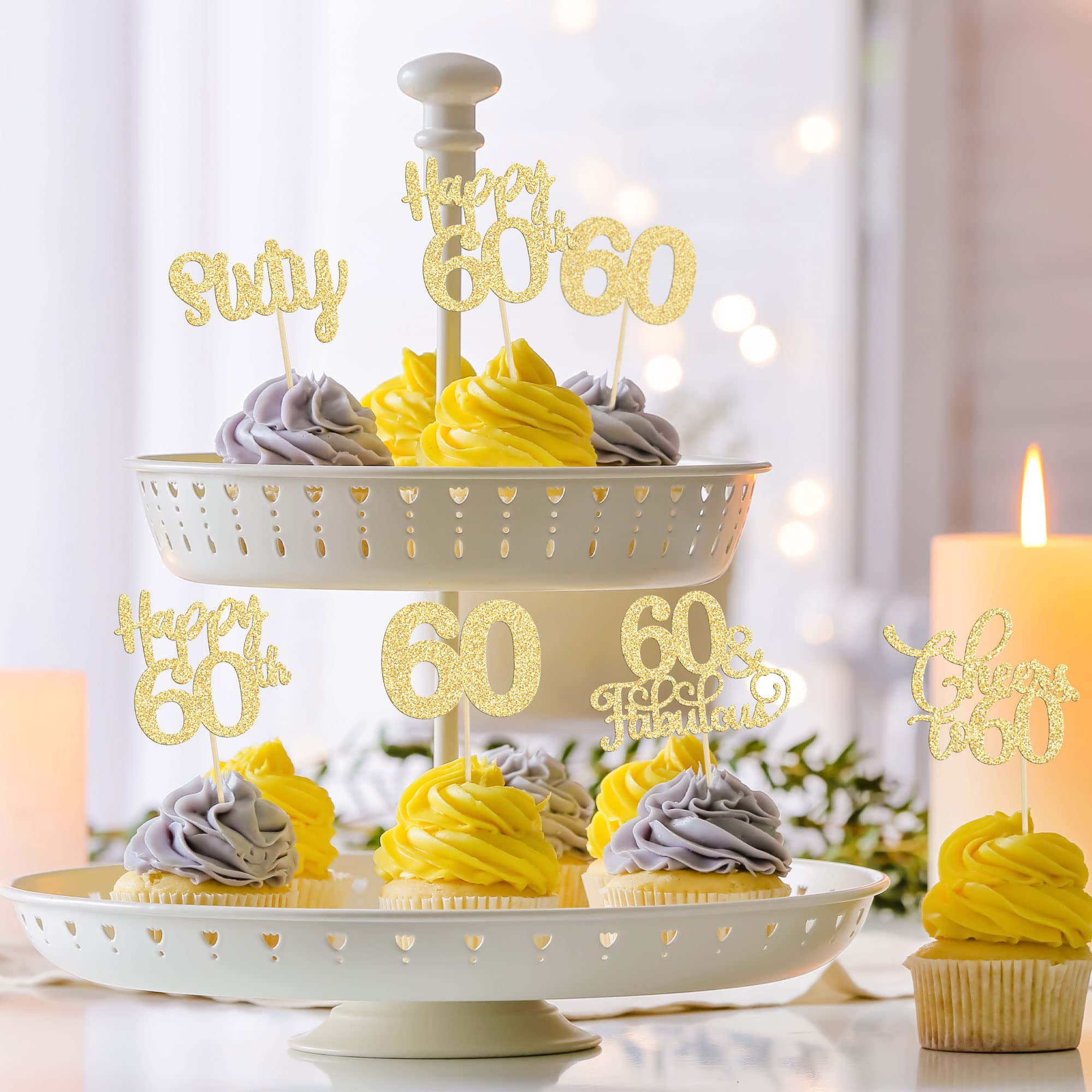 30 Pack Gold Glitter 60th Birthday Cupcake Toppers - 