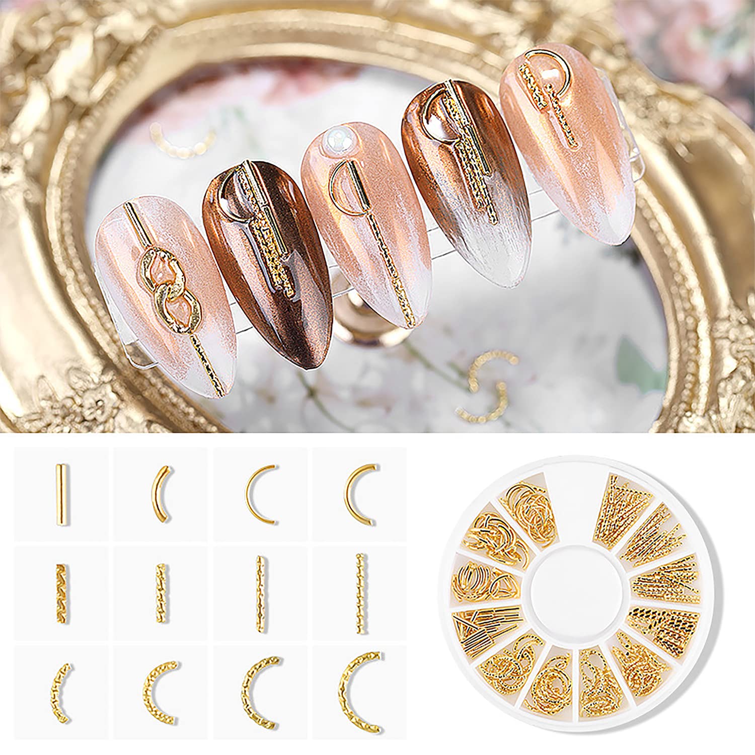 WOKOTO 6 Boxes Gold Nail Charms for Acrylic Nails - Metal Nail Studs, Nail Art Decorations with Flowers, Shells, Stars & Moons Designs | Perfect for DIY Nail Art, Manicures, Pedicures & Professional Salon Use