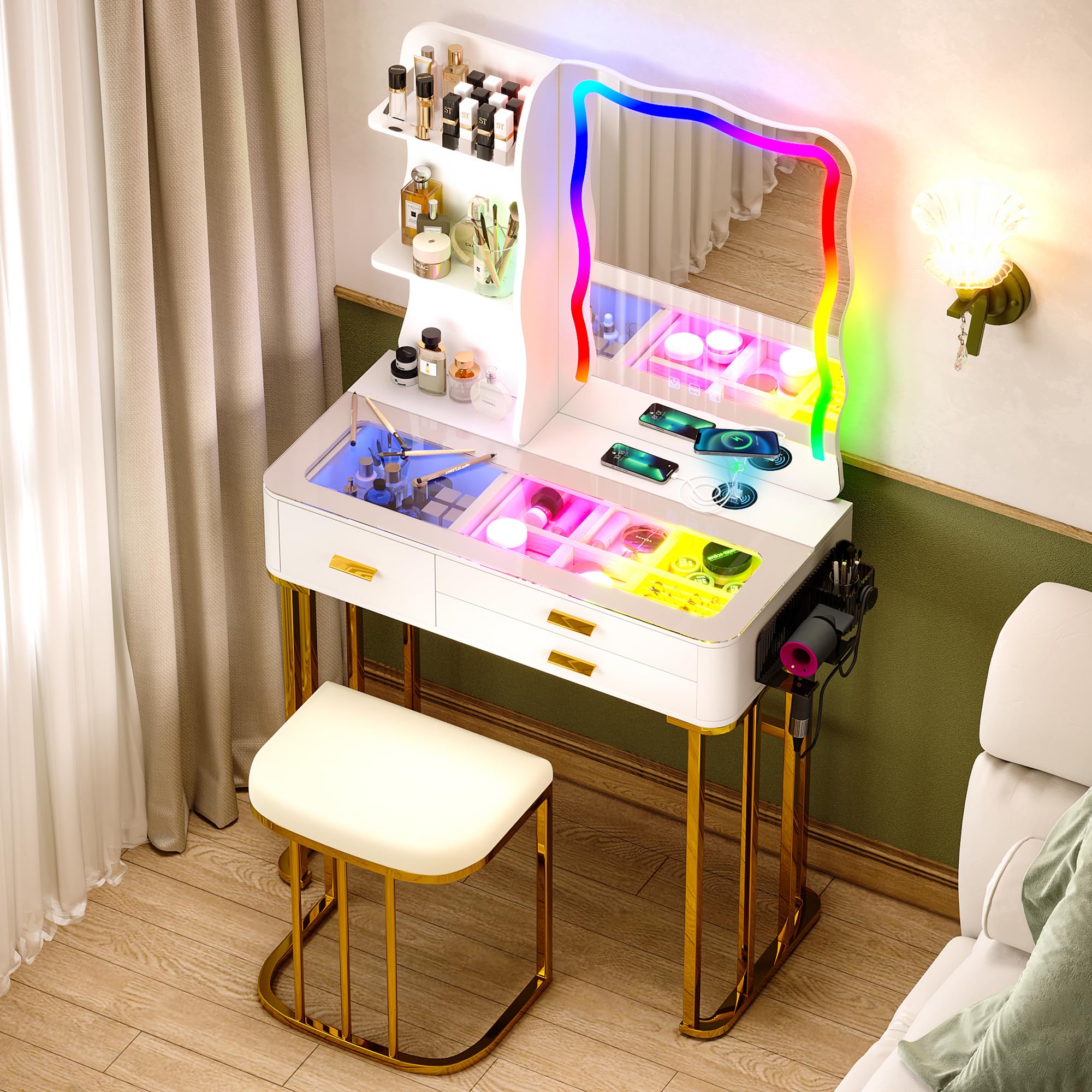 RGB Makeup Vanity Desk with Wireless Charging Station - 7 Dynamic & 7 Static Dimmable LED Lights, Glass Top Vanity Table with Auto Sensor Mirror & Stool - Perfect for Bedroom, Dressing Room & Beauty Salon Makeup Setup