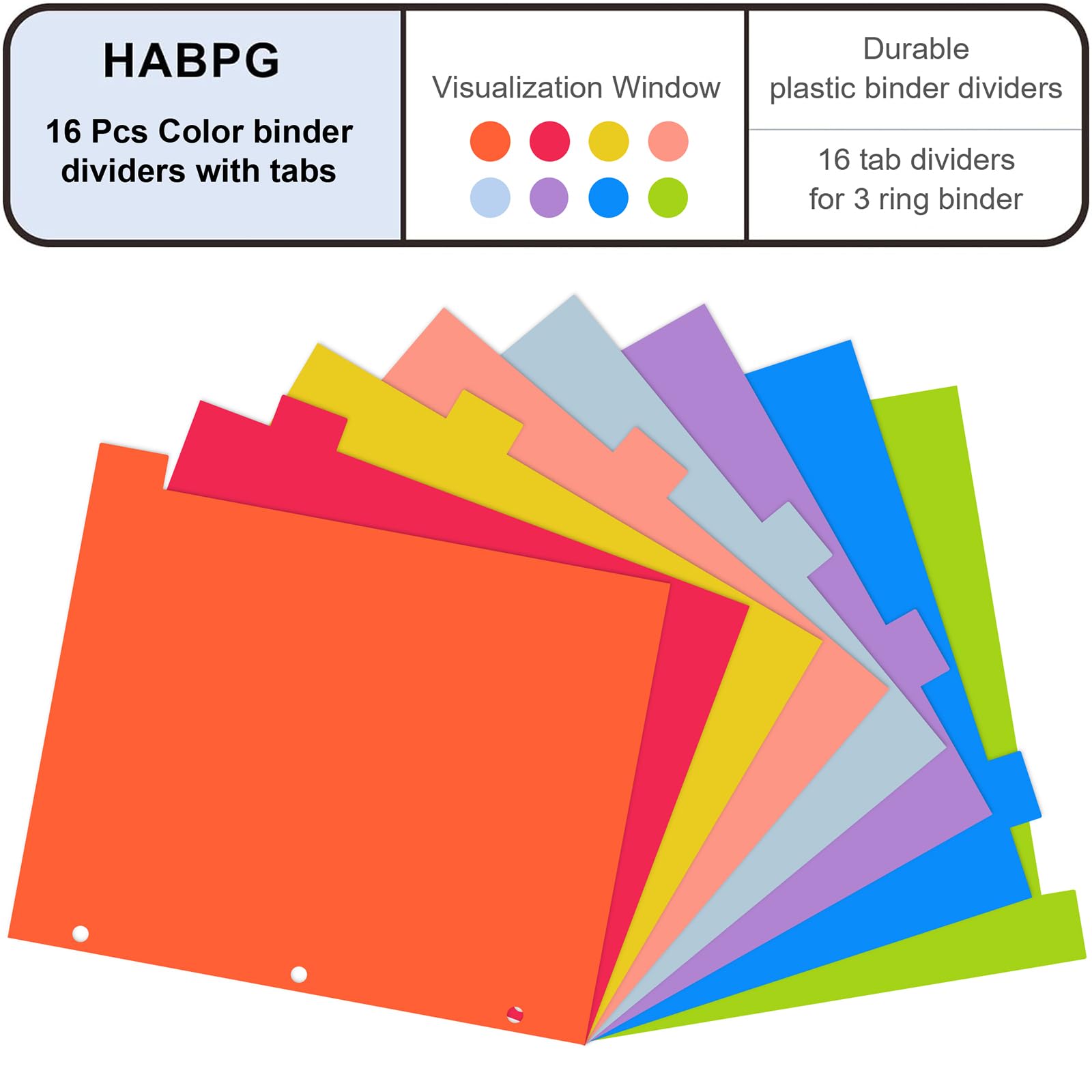 16-Piece Multicolor 3-Ring Binder Dividers with Tabs - 2 Sets of 8 Tab Dividers for Organizing School, Office & Home Documents - Durable Plastic Page Dividers for Notebooks, Files & Presentations