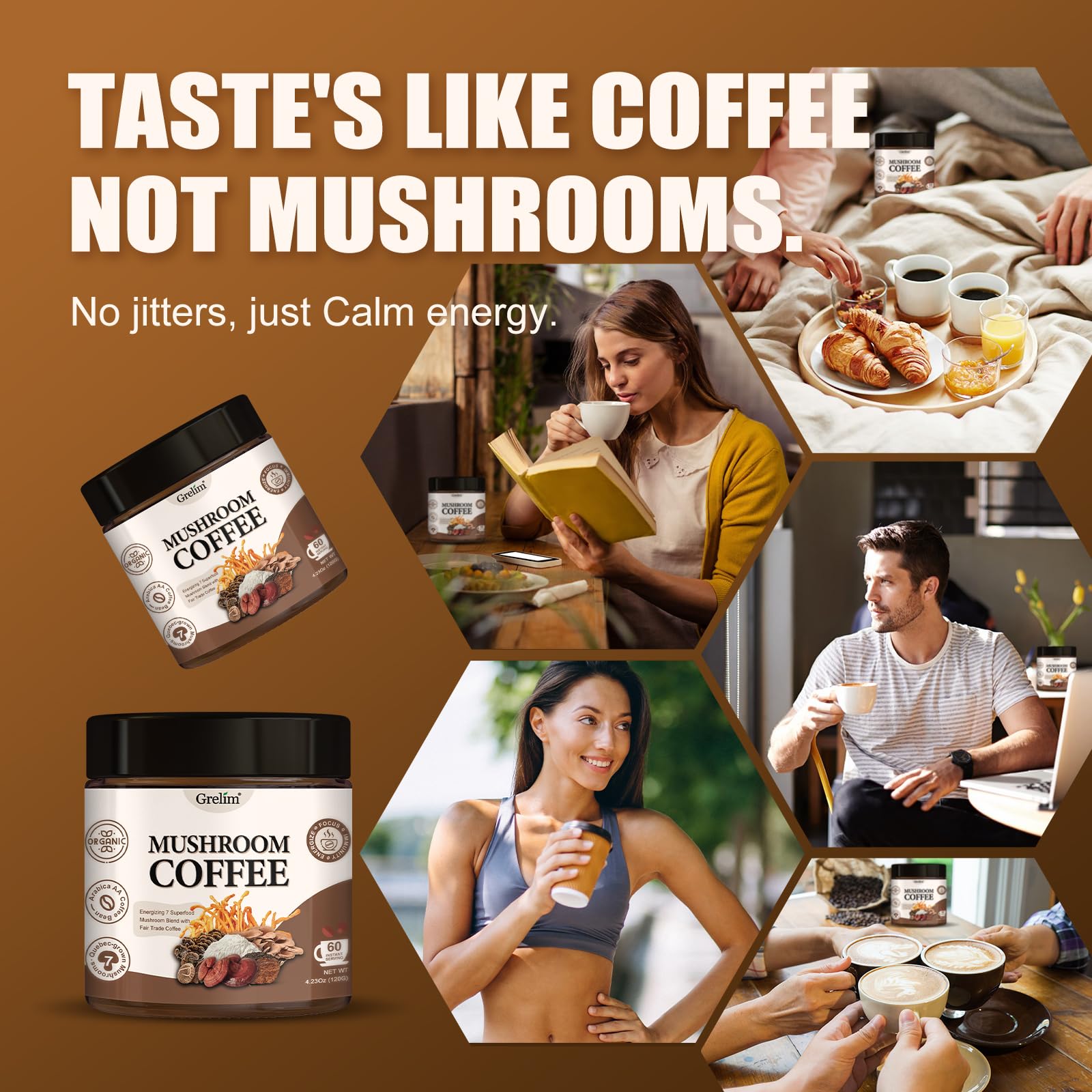 Grelim Mushroom Coffee with 7 Superfood Mushrooms - Premium Arabica Instant Coffee, 4.23 Oz - Boost Energy & Focus for Workouts, Office & Morning Routine