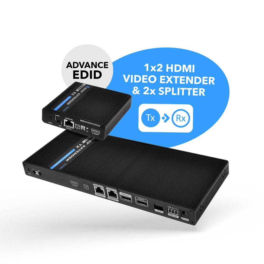 1x2 4K HDMI Extender Splitter Over Single CAT6/7 Cable - Up to 230ft, 18Gbps, Bi-Directional IR, RS-232, EDID - IPColor Technology - Perfect for Home Theater, Conference Rooms & Gaming Setups