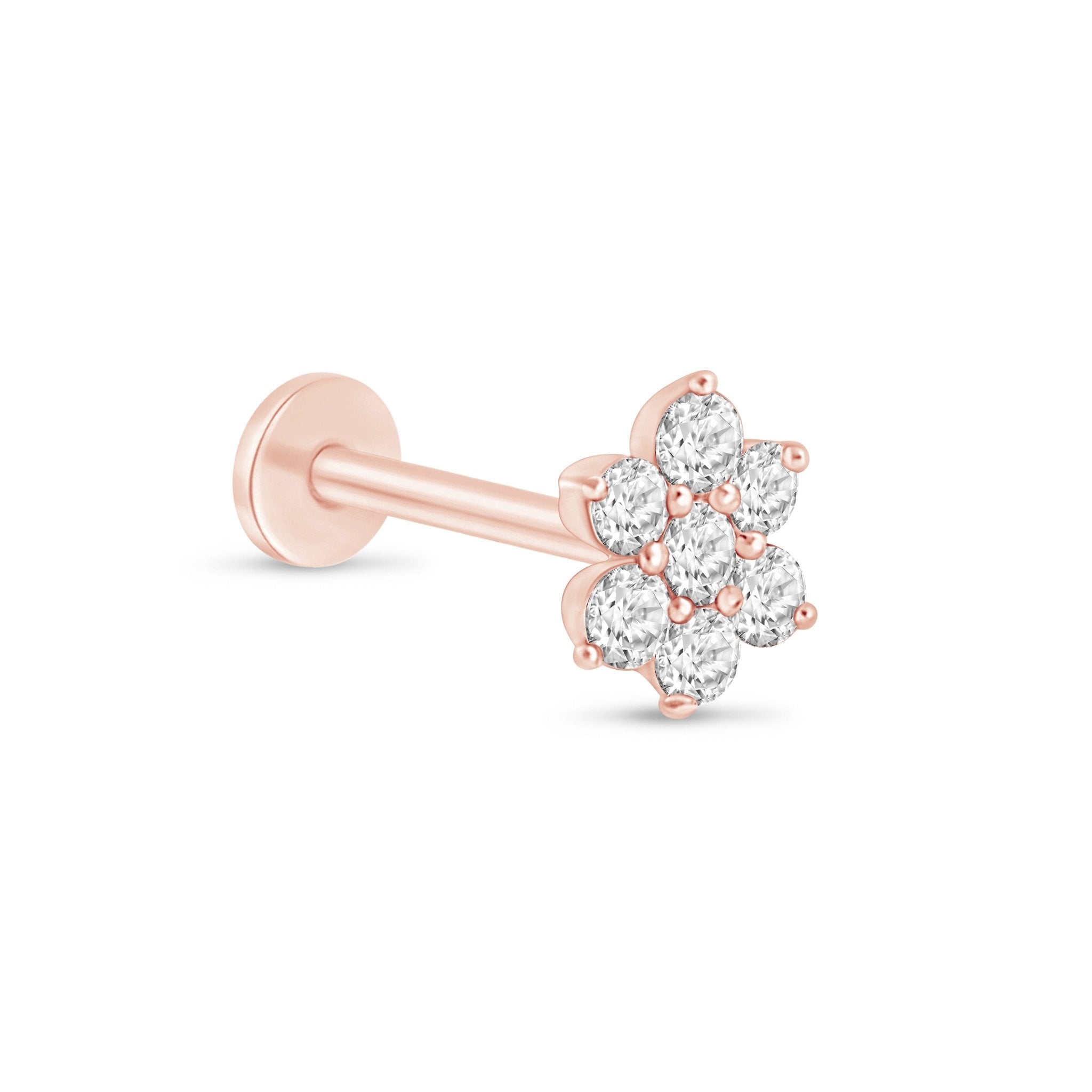 14k Rose Gold Seven Diamond Flower Stud Earrings - Dainty Floral Flat Back Earrings for Women, Perfect for Weddings, Parties & Everyday Elegance