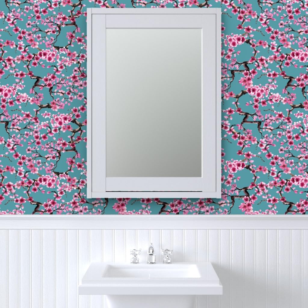 Peel & Stick Removable Wallpaper 12ft x 2ft - Turquoise Pink Floral Japanese Tree Design | Self-Adhesive Wall Decal for Bedroom, Living Room, Nursery & Office Decor