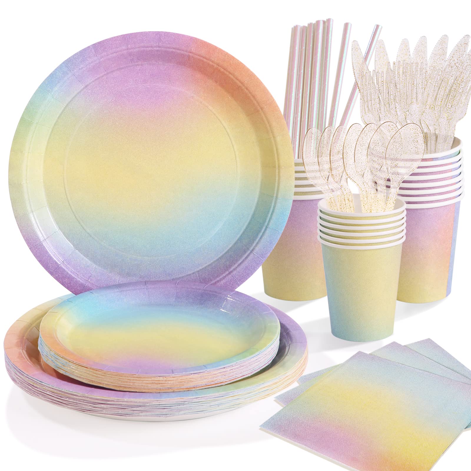 192-Piece Pastel Purple Birthday Party Supplies Set - Includes Plates & Napkins for Easter, Rainbow Themed Celebrations - Iridescent Pink & Purple Tableware for 24 Guests - Perfect for Baby Showers, Bridal Showers & Birthday Parties