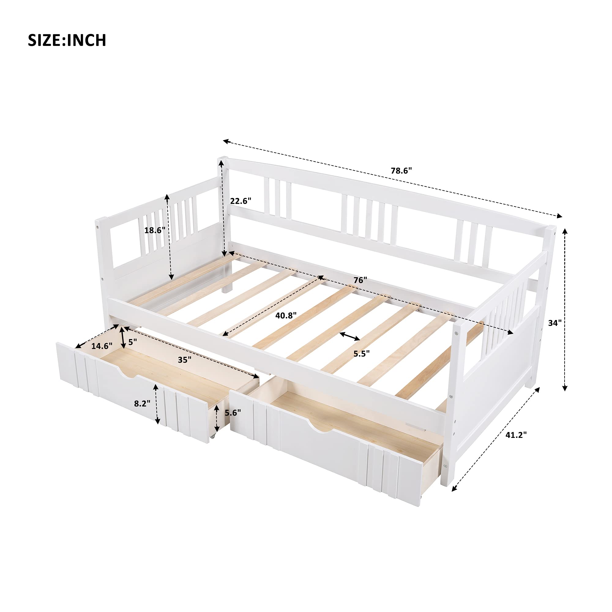 Twin Size Daybed with 2 Storage Drawers & Wood Slat Support - Solid Wood Sofa Bed Frame for Kids Teens Bedroom - No Box Spring Needed - White Wood Finish - Perfect for Guest Rooms, Living Rooms & Small Spaces