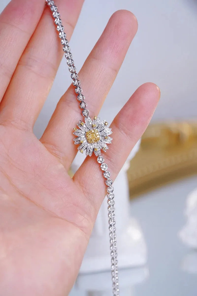 18K White Gold Daisy Bracelet for Women - Real Natural White & Yellow Diamond Wedding Jewelry | Elegant Daisy Design, High-Quality Gift for Brides, Anniversaries & Special Occasions