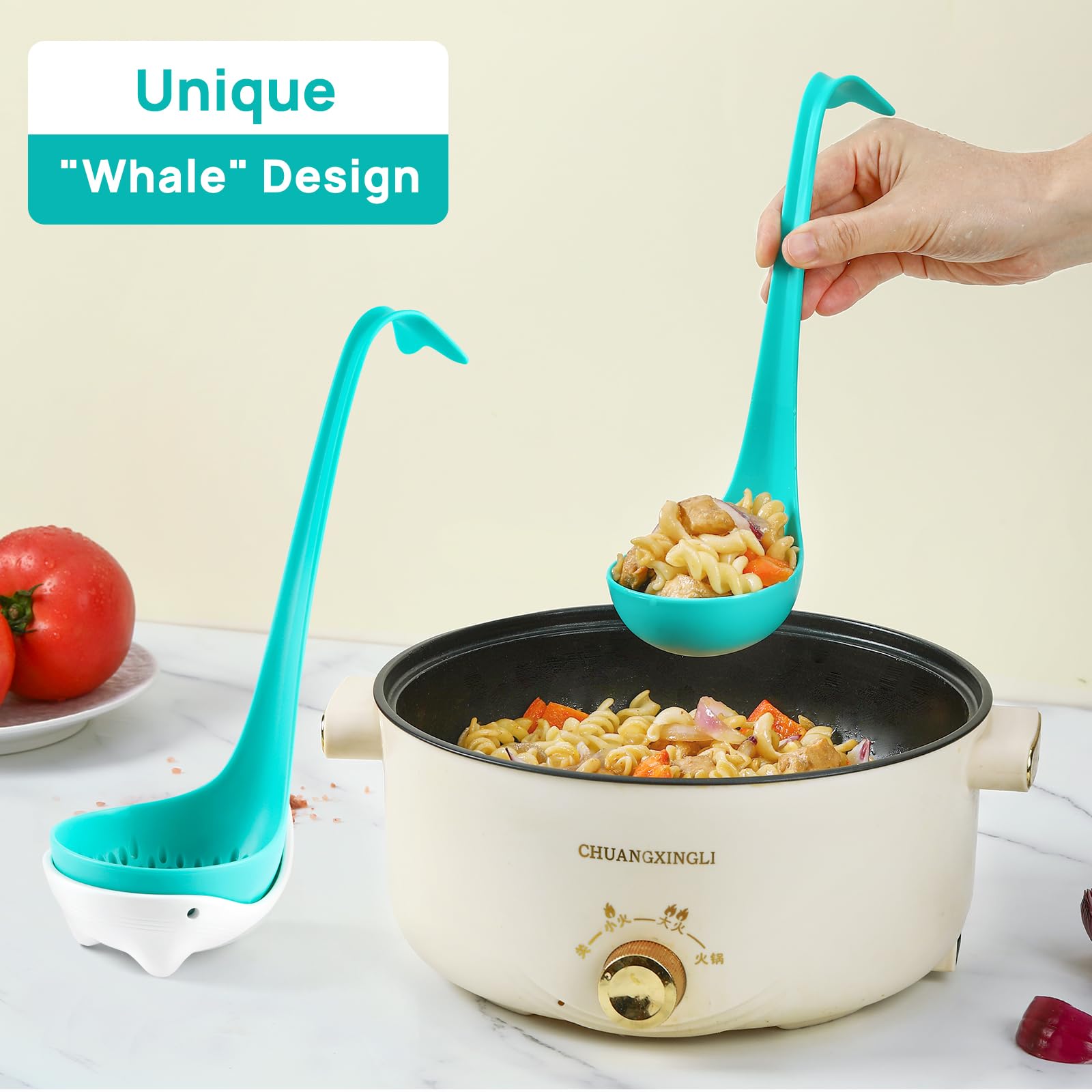 Set of 2 Whale Tail Soup Ladles with Colander - Food Grade Kitchen Utensils for Cooking & Serving Soups, Stews & Sauces - Ergonomic Handle & Hook Design - Perfect for Home Chefs & Restaurant Use