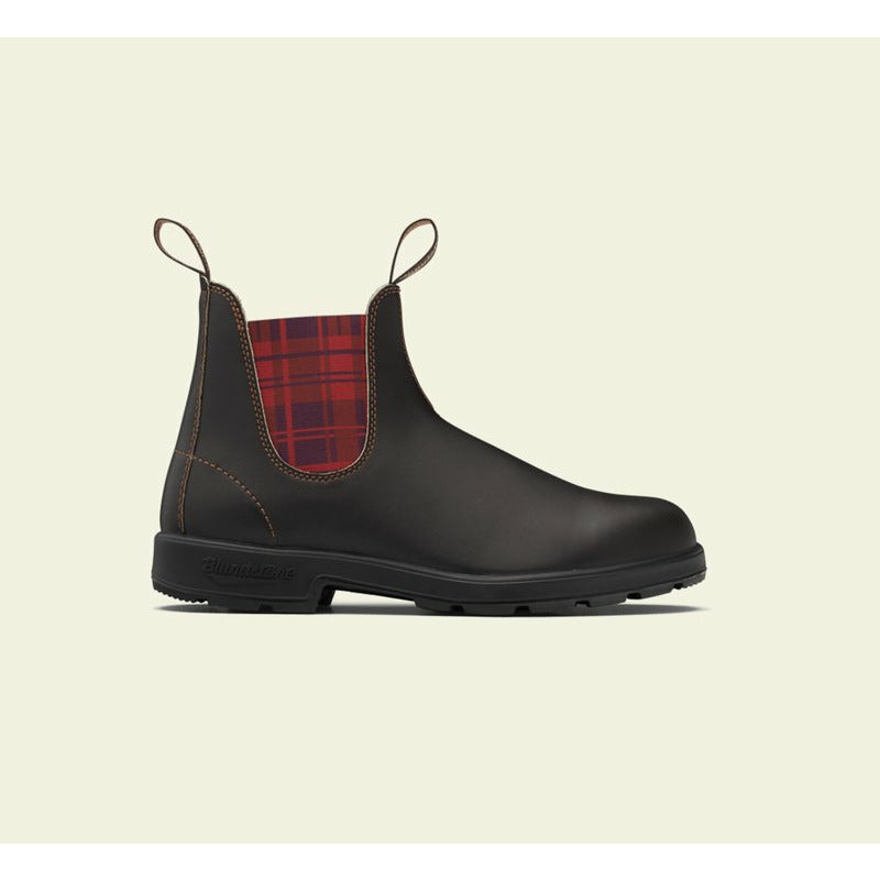Blundstone Original 2100 Brown Chelsea Boots with Burgundy Tartan Elastic - Comfortable Slip-On Ankle Boots for Men & Women, Perfect for Work, Hiking & Casual Wear